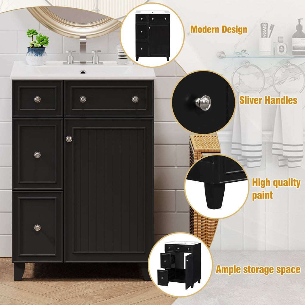 Transitional Bathroom Vanity Cabinet with Ceramic Sink, 24-Inch, Black, Solid...