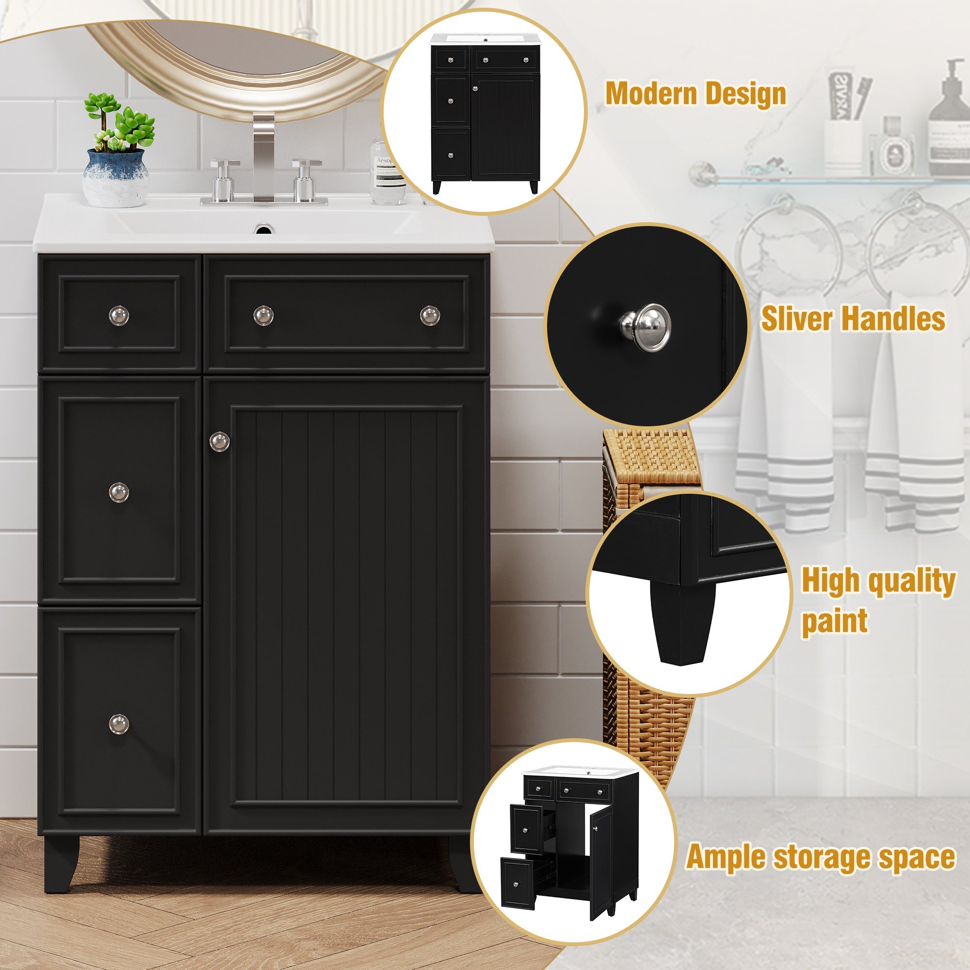 Transitional Bathroom Vanity Cabinet with Ceramic Sink, 24-Inch, Black, Solid...