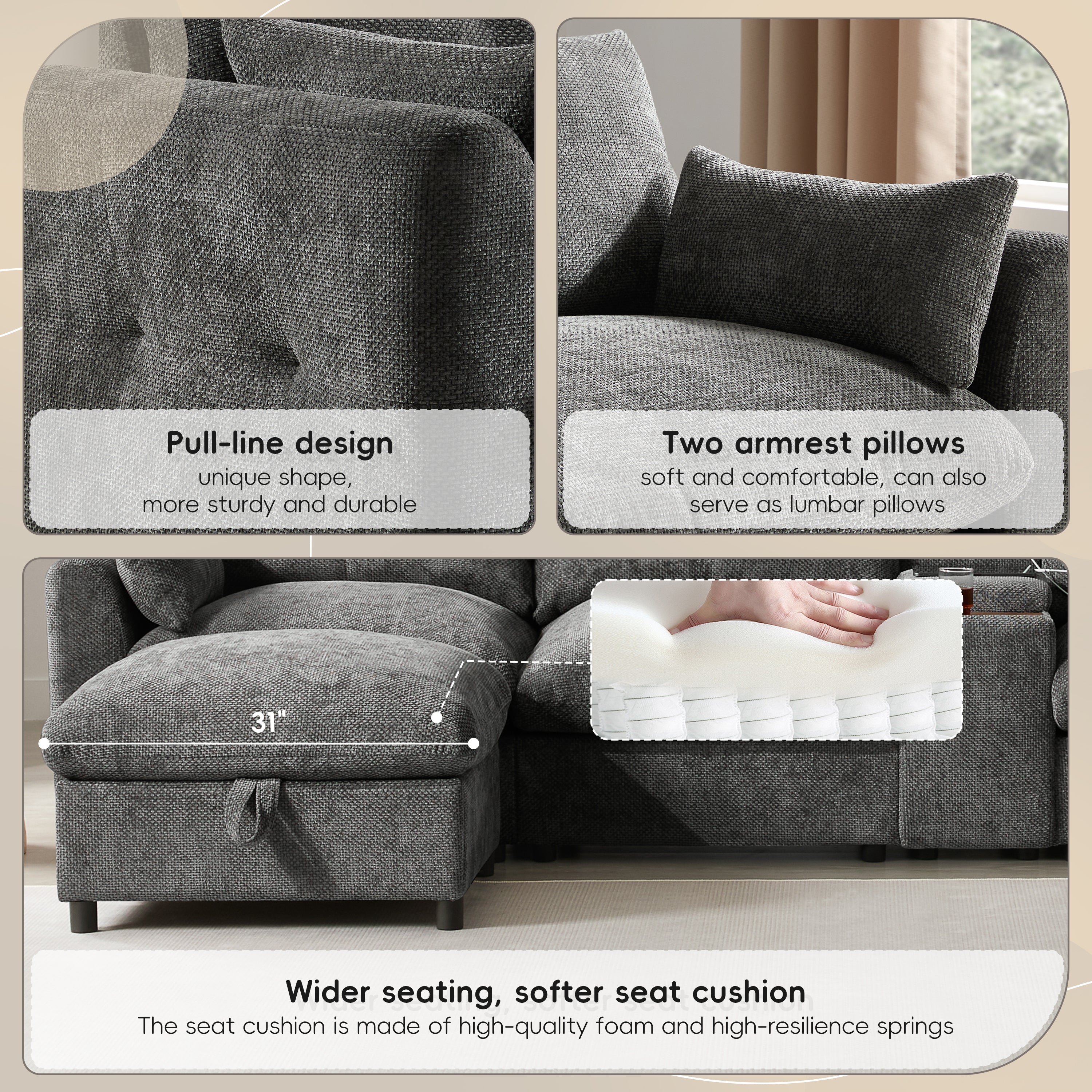 Sectional Sofa U-Shape Chenille Gray 6 Seat USB Console 136 In