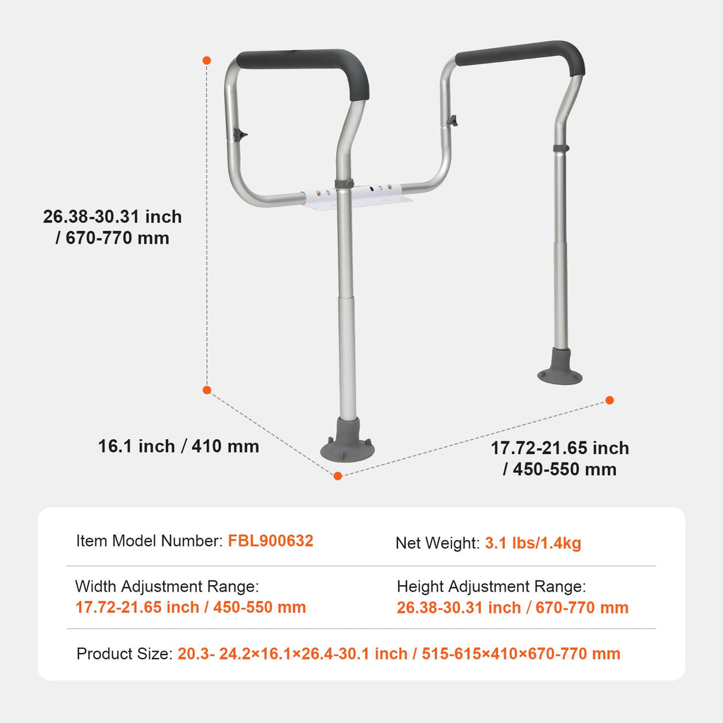 Toilet Safety Rail Frame Aluminum 300 LB Adjustable Width Height Padded Arms