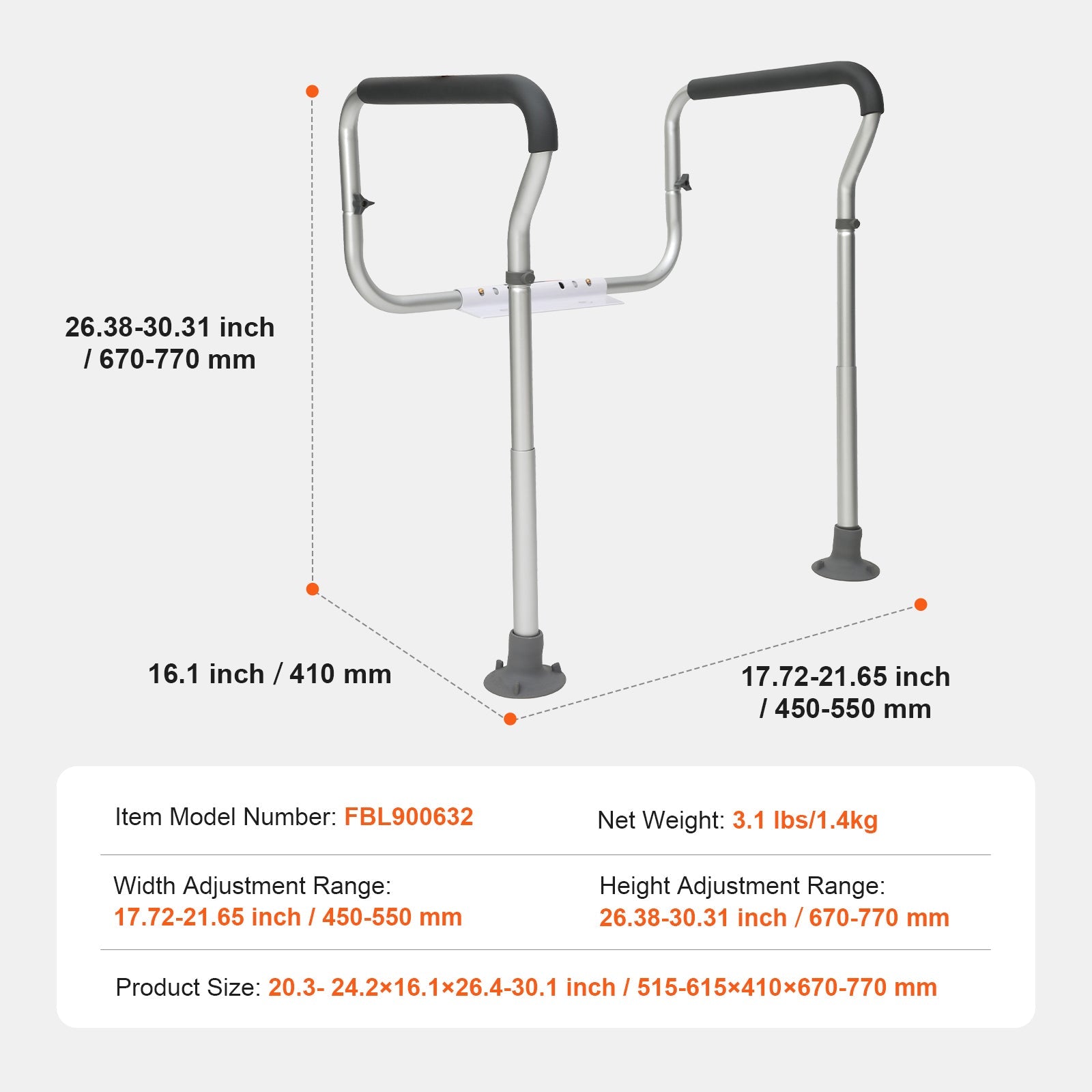 Toilet Safety Rail Frame Aluminum 300 LB Adjustable Width Height Padded Arms
