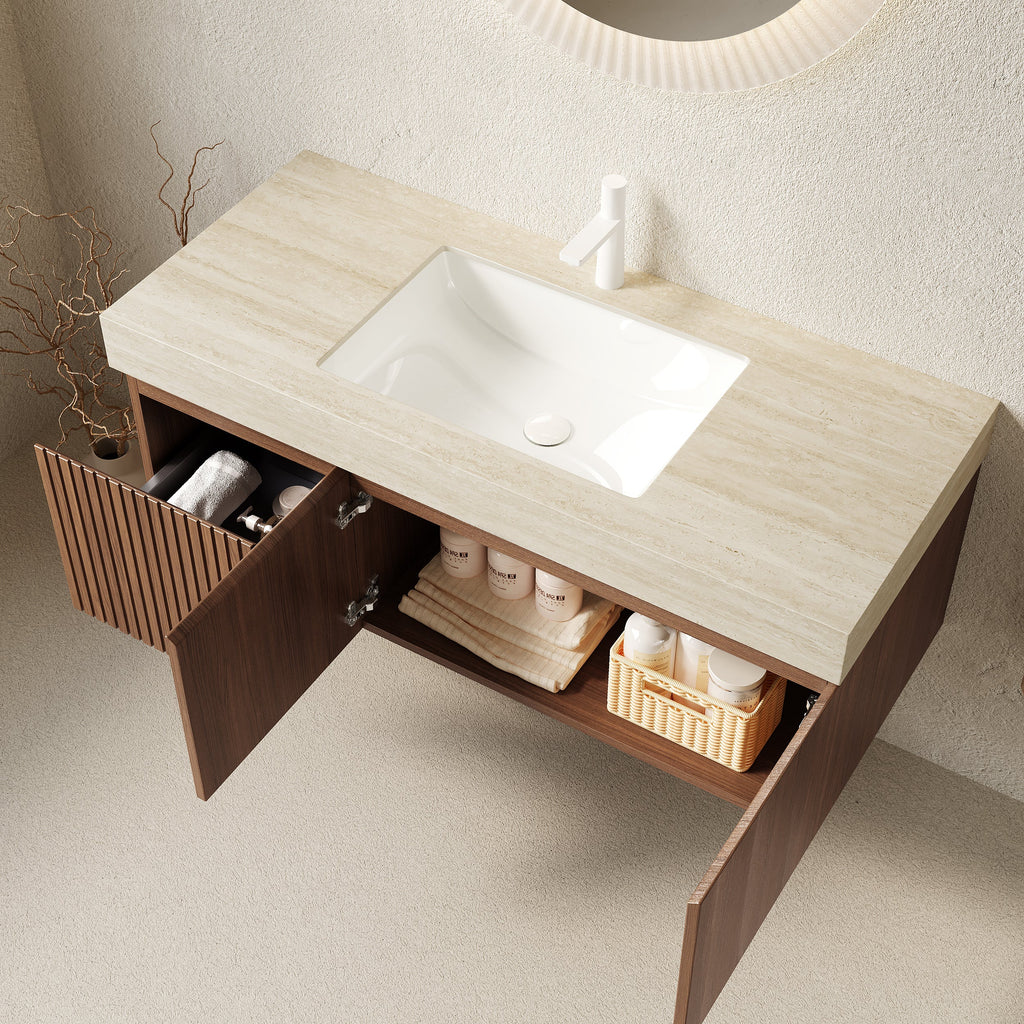 48' Floating Bathroom Vanity with Travertine Sintered Stone Top and Ceramic Basin