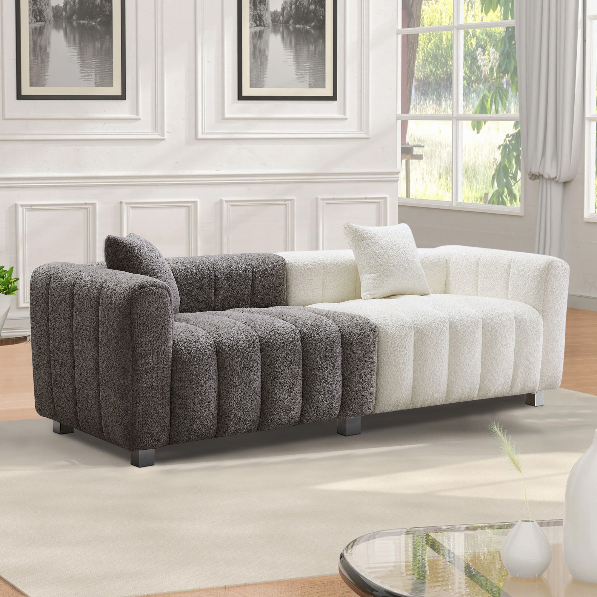 Sofa Modular Velvet Teddy White Gray 3 Seat Metal Legs 87 In 750 LB