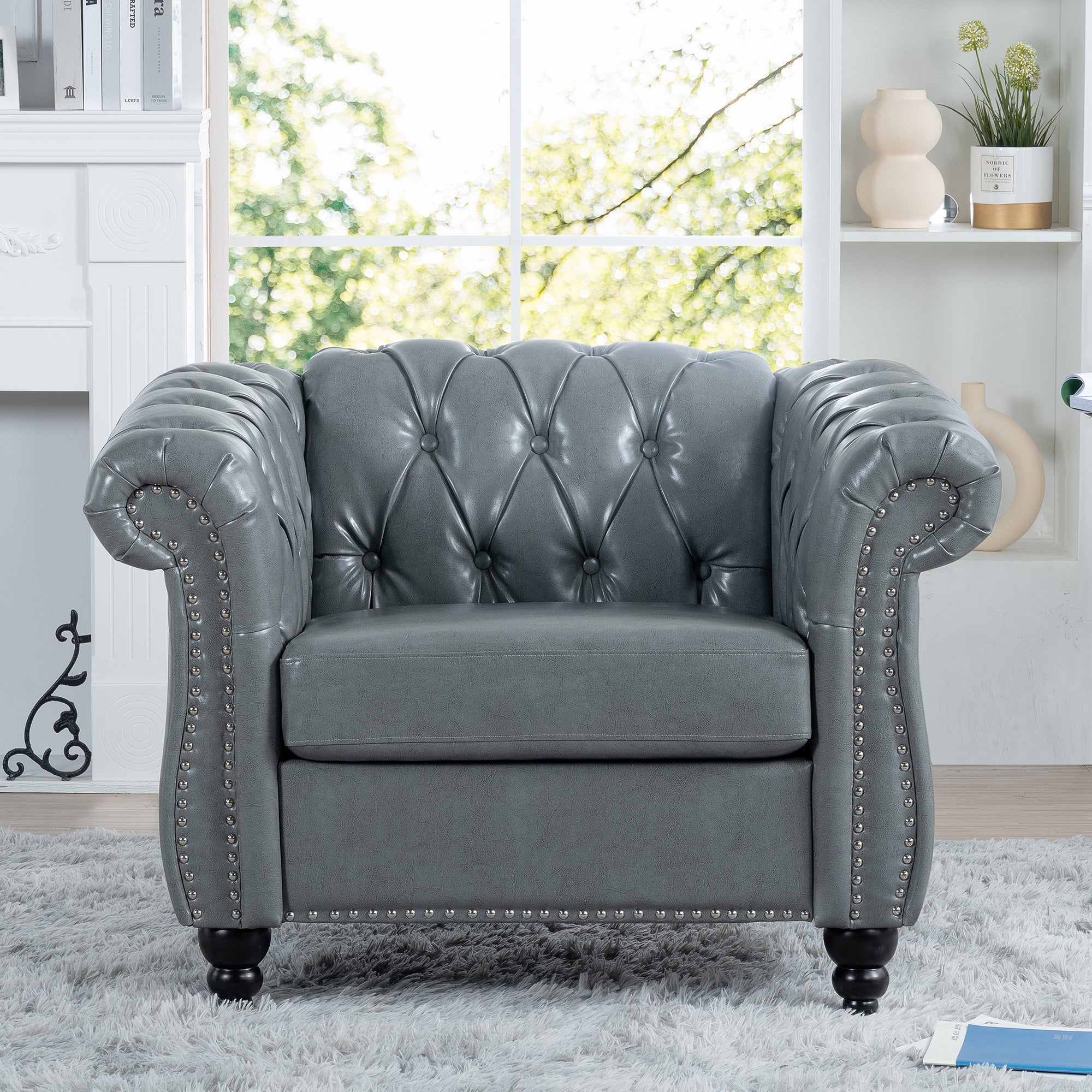 Accent Chair Contemporary PU Leather Gray Birch Legs 39x32x28 In 220 LB
