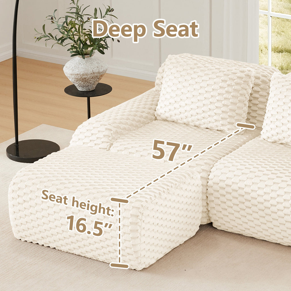 Sectional loveseat L-Shape Flannelette Cream 2 Seat with Ottoman 82 In