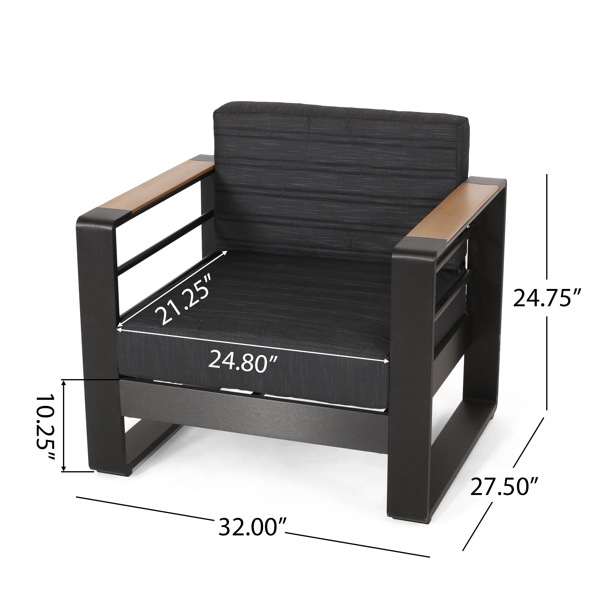 Outdoor Club Chair Aluminum Black Slat Design Water-Resistant 32x27.5x24.75 In