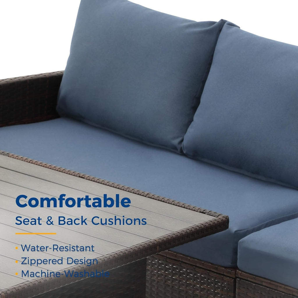 Outdoor Dining Set PE Rattan Brown Blue 7 Piece Seats 8