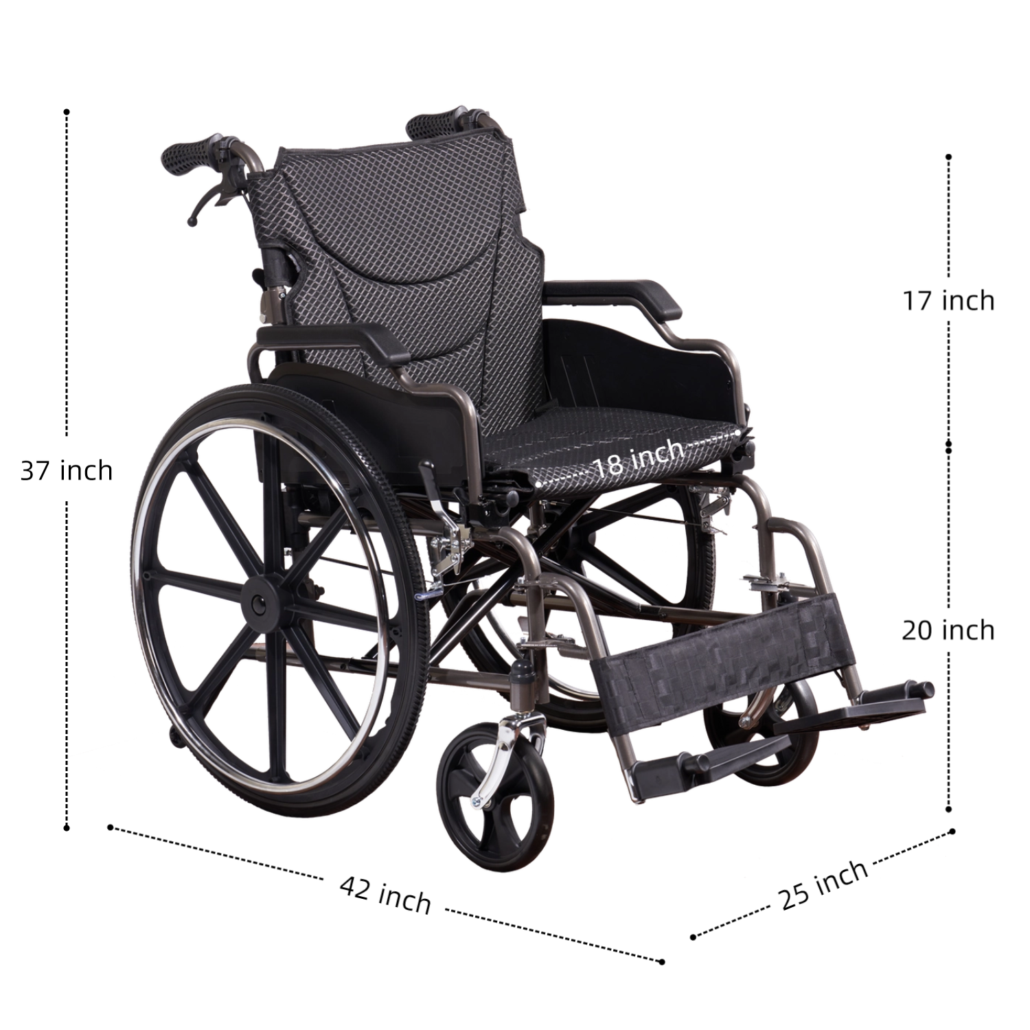 Wheelchair Manual Transport Folding Carbon Steel 18 In Seat Memory Foam Dark Gray