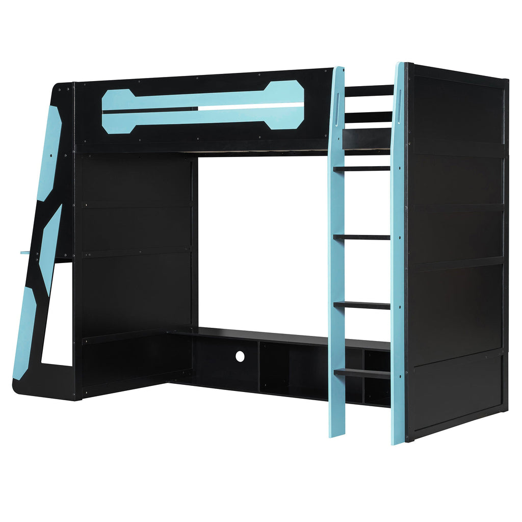 Twin Size Wood Loft Bed with Desk, Multi-storage Shelves and RGB Light, Cloud