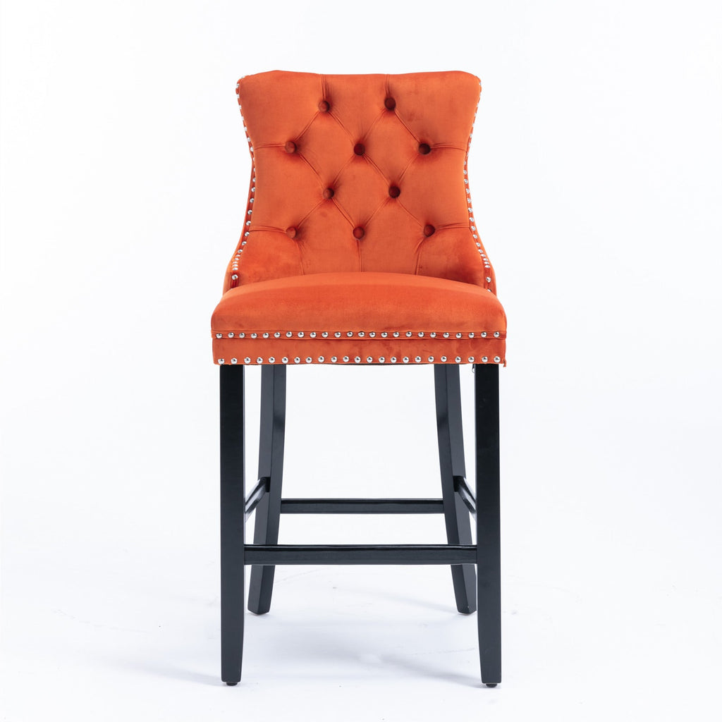 Velvet Upholstered Barstool Set of 2, Button Tufted, Chrome Nailhead, Orange