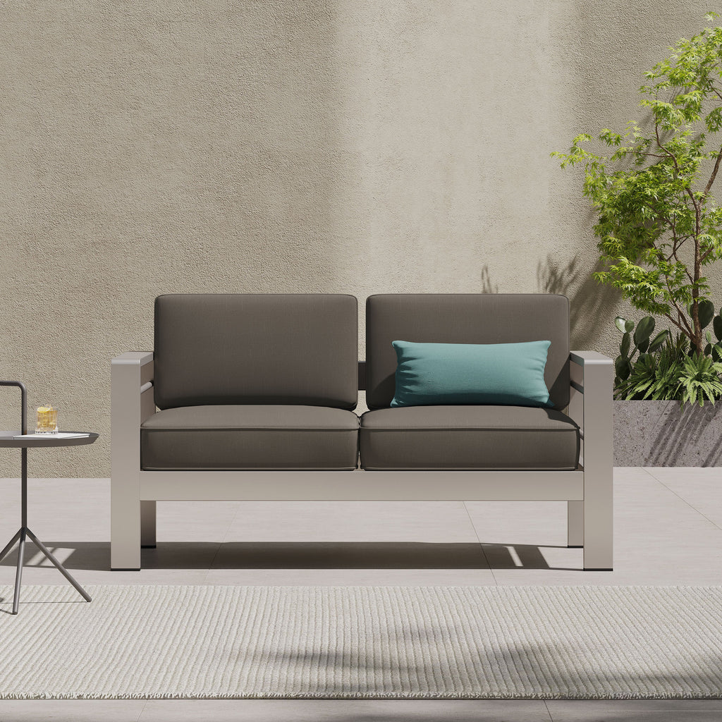 Outdoor Loveseat Aluminum Khaki Water-Resistant Cushion 56.75x27.5 In 600 LB