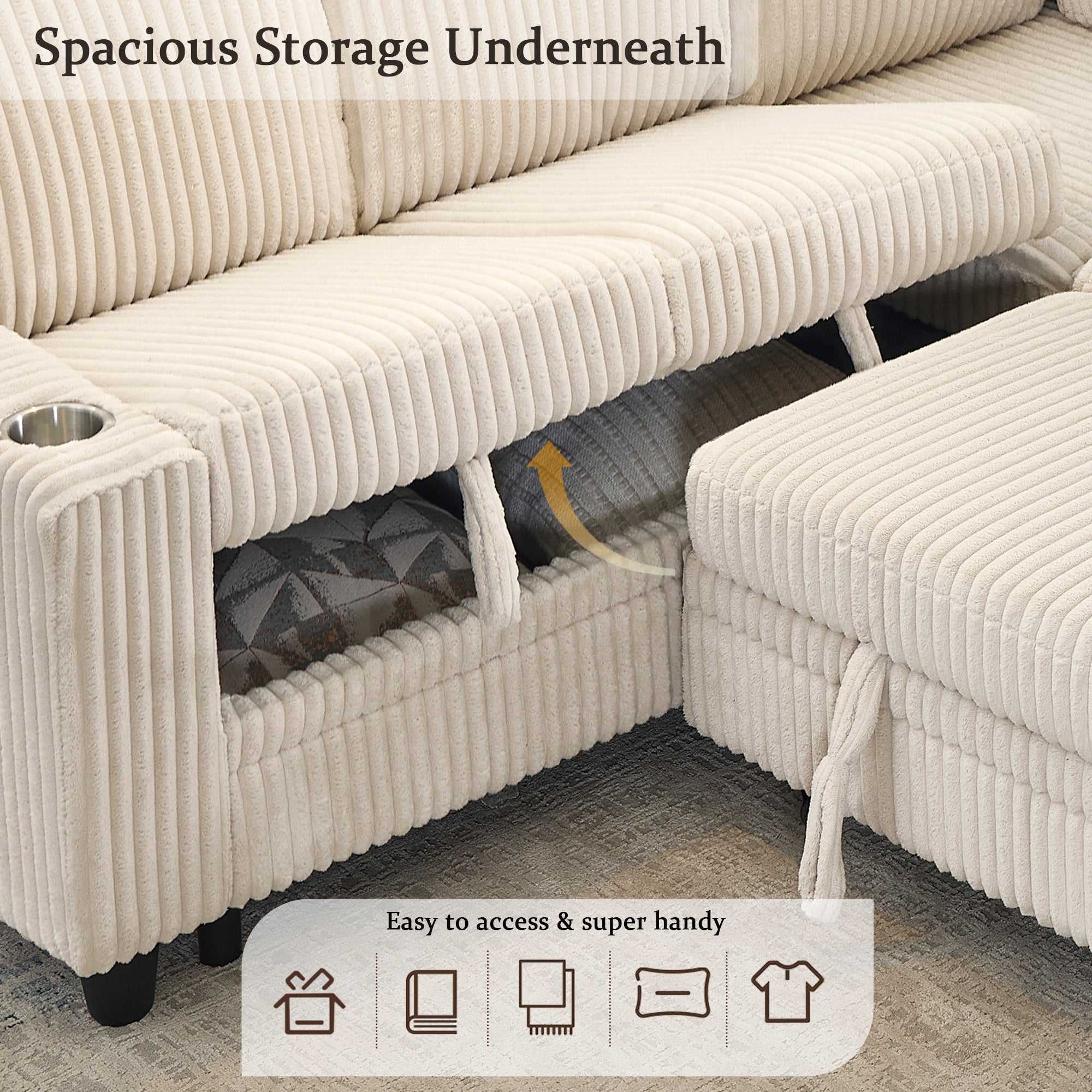 Sofa Bed L-Shape Corduroy Beige 5 Seat Pull-Out USB Ports 81 In