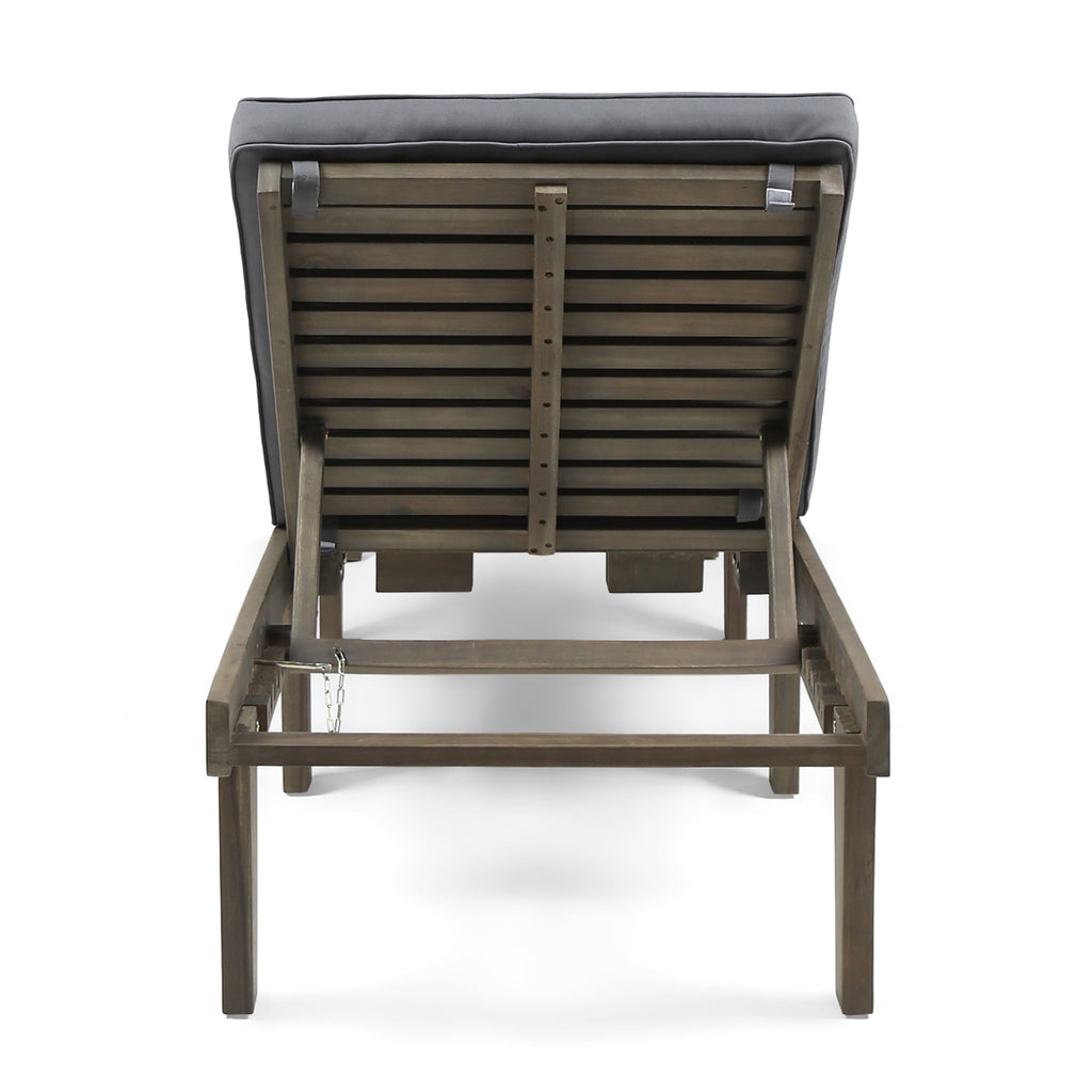 Outdoor Chaise Lounge Acacia Wood Gray Full-Length Cushion 78.75x24x30.5 In