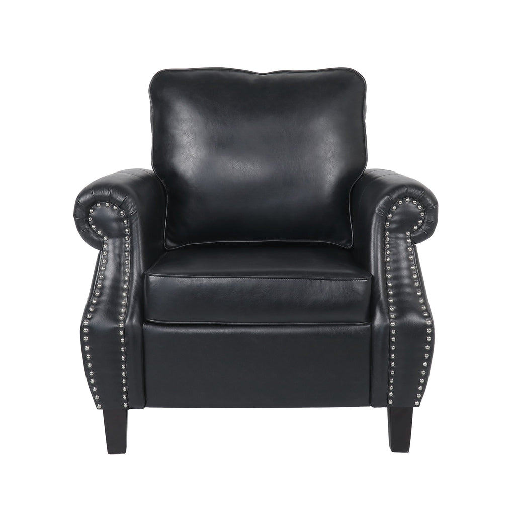Club Chair Contemporary PU Leather Black Rolled Arms Nailhead Trim 37 In