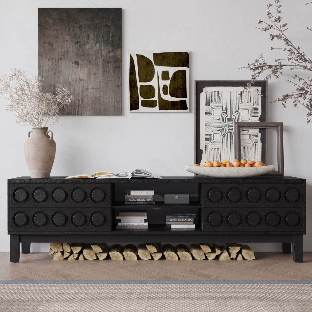 TV Stand Mid-Century Modern Solid Wood Gray Black 4-Drawer Fits 70 In TV