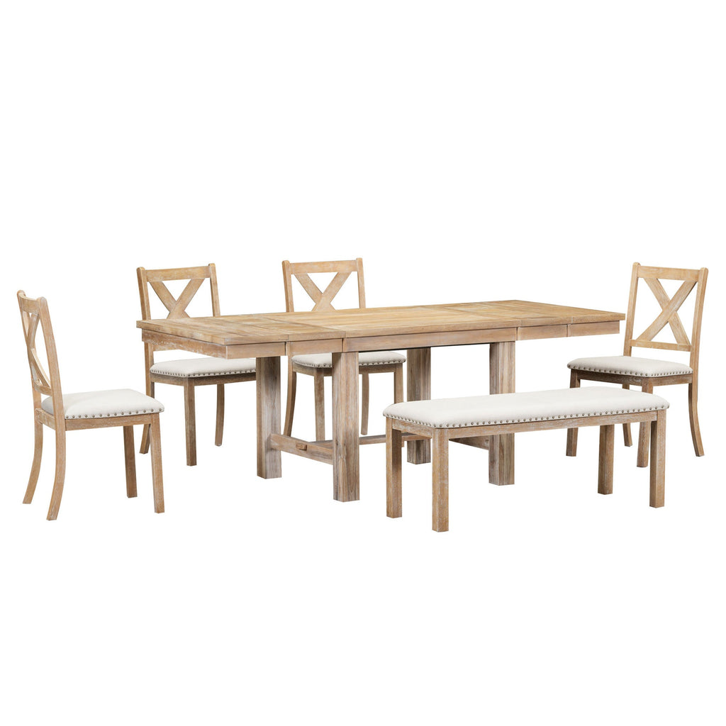 Farmhouse 82inch 6-Piece Extendable Dining Table with Footrest, 4 Upholstered