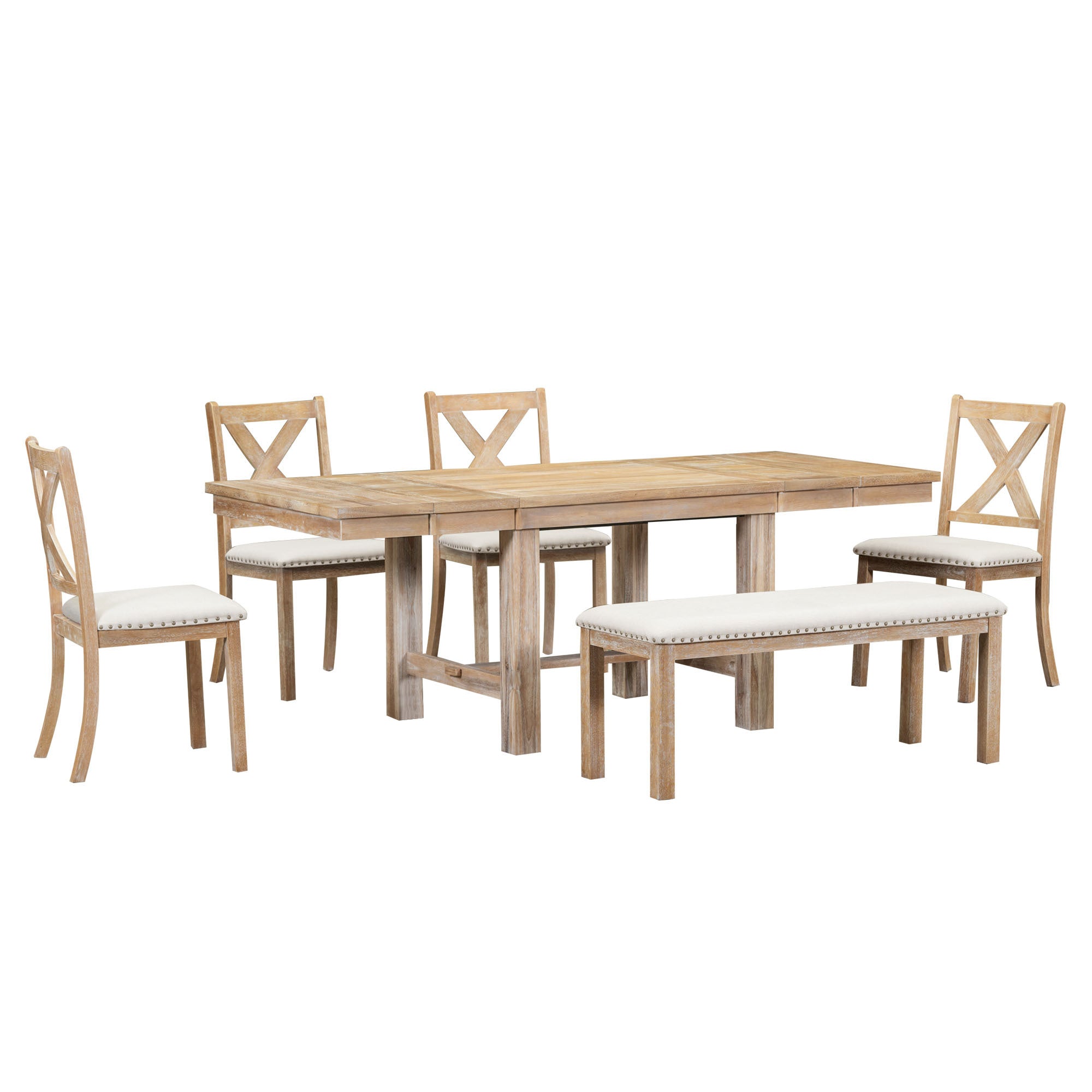 Farmhouse 82inch 6-Piece Extendable Dining Table with Footrest, 4 Upholstered