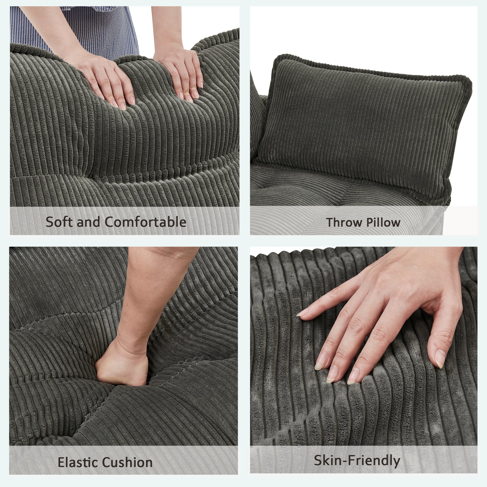Sectional Sofa L-Shape Corduroy Gray 4 Seat USB Ports Ottoman 119 In