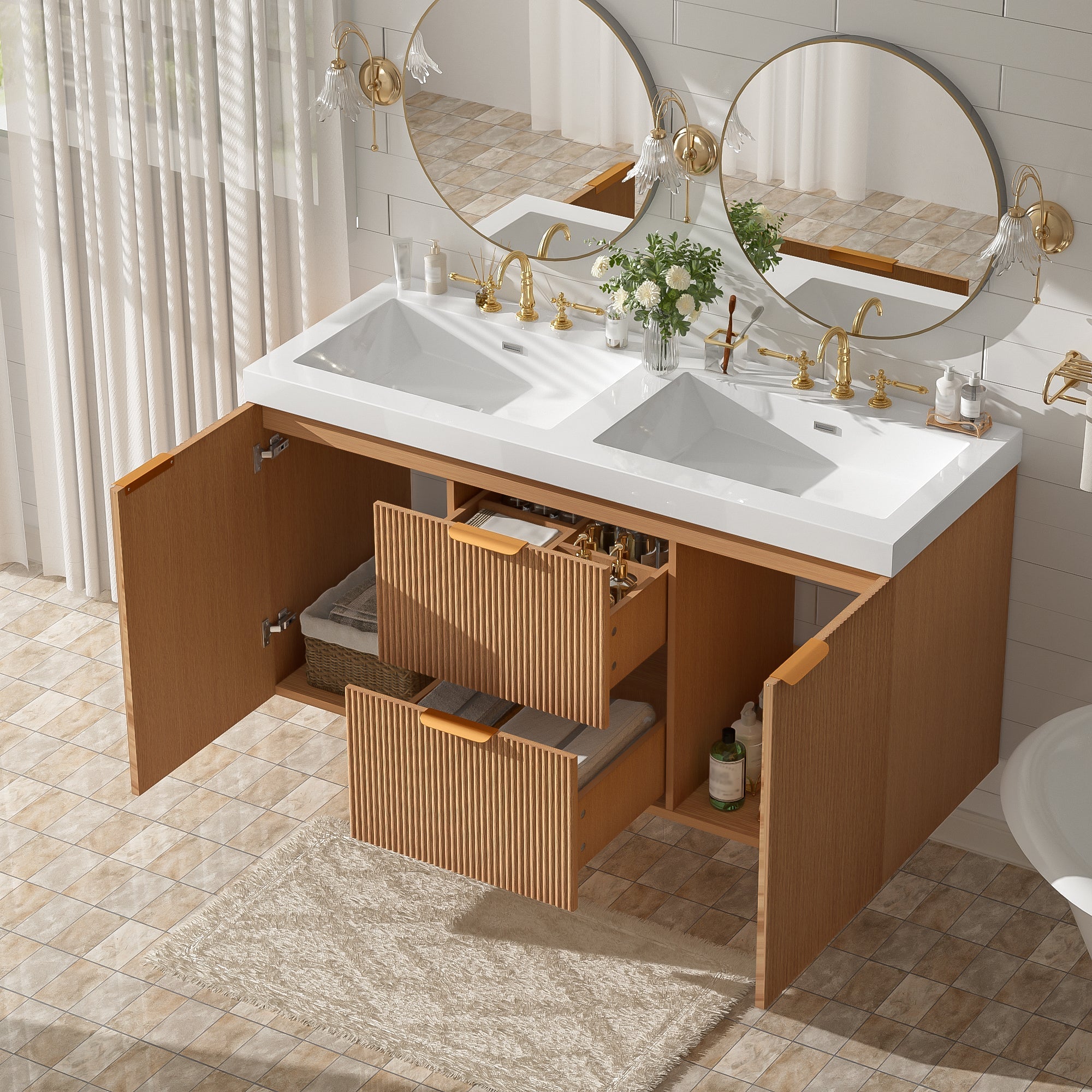 Modern 47.24 Inch Double Sink Bathroom Vanity with SMC Top, MDF Cabinet