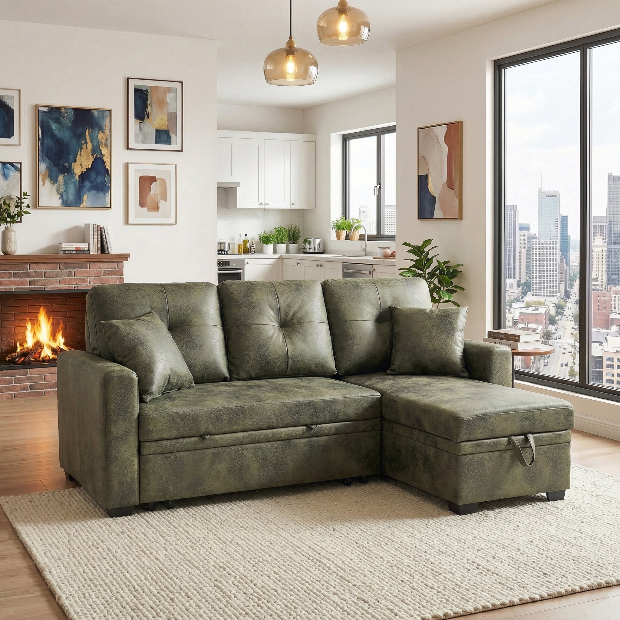 Sectional Sofa L-Shape Olive Green Sleeper 71