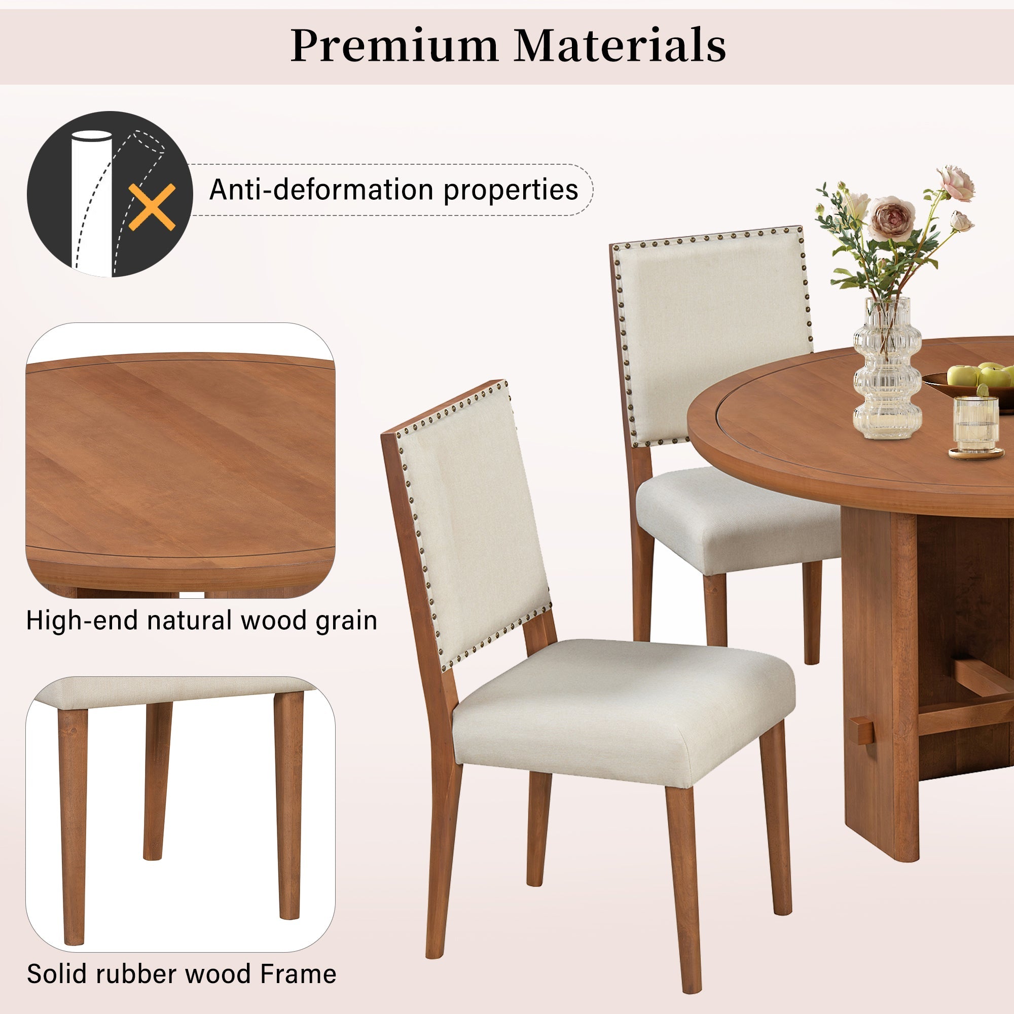 5-Piece Round Dining Table Set for 4, Minimalist Farmhouse Dining Table with 4