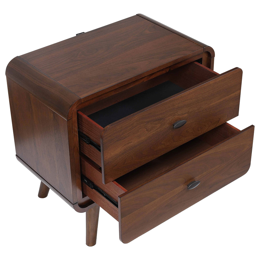 Nightstand Mid-Century Modern Dark Walnut 2-Drawer Gunmetal Hardware 27 In