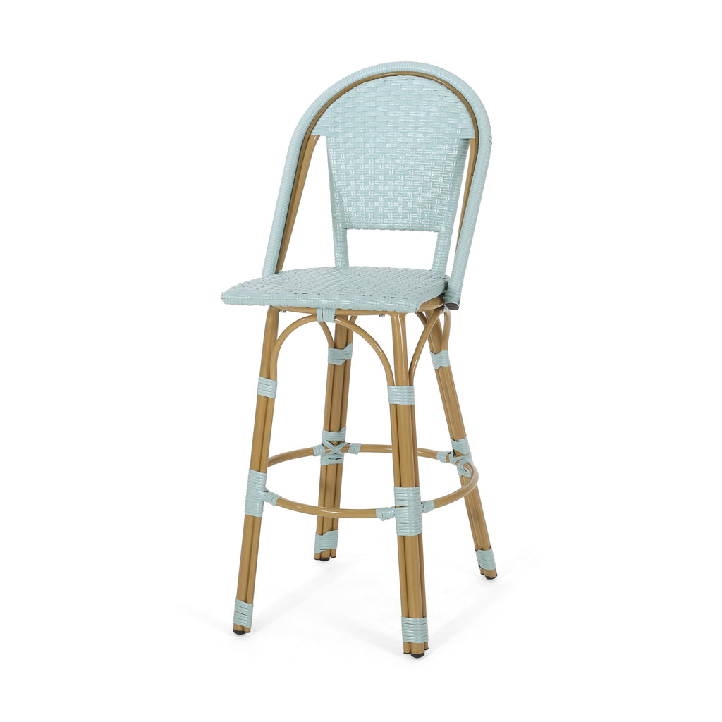 29.5 Inch Outdoor PE Rattan Aluminum French Barstools, Set of 2, Light Teal