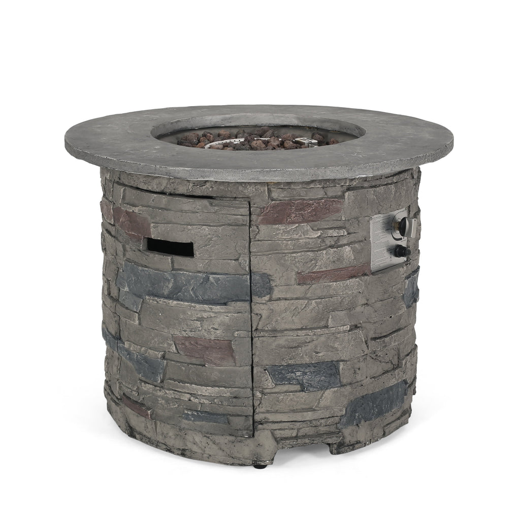 Transitional Outdoor 32 Inch Round MGO Propane Fire Pit Table, Stone Gray