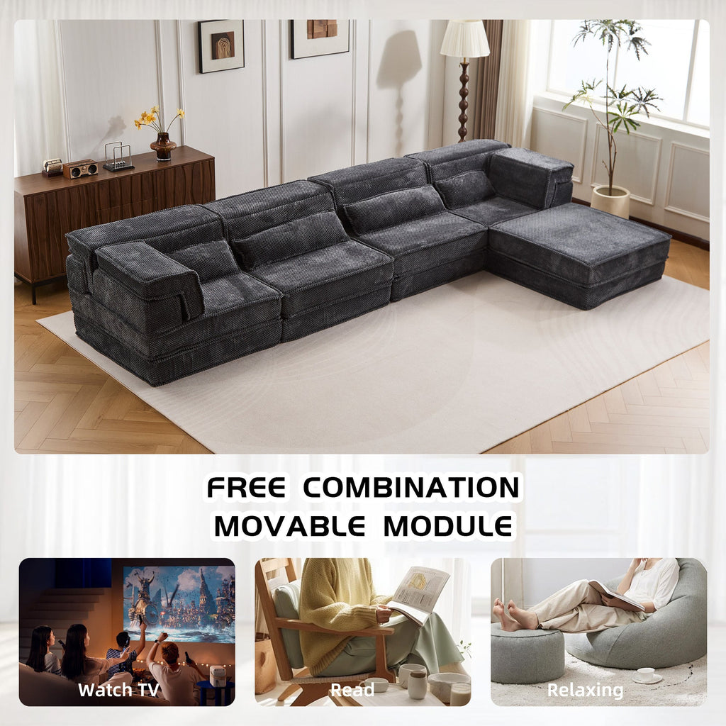 Sectional Sofa Modular Circle Fleece Dark Gray 4 Seat Ottoman 157 In
