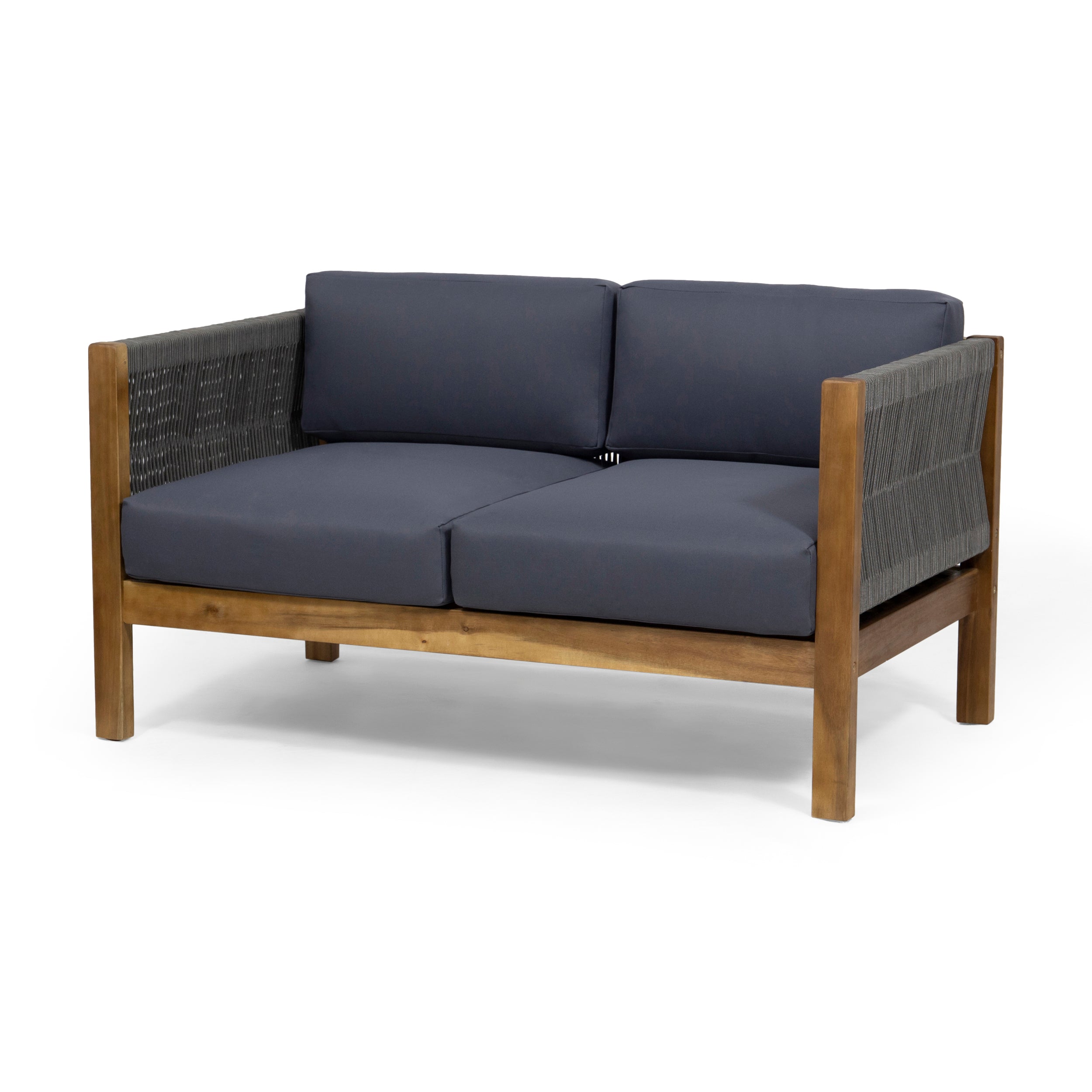 Outdoor Loveseat Set Acacia Wood Rattan Rope Teak Cushion 2 Piece