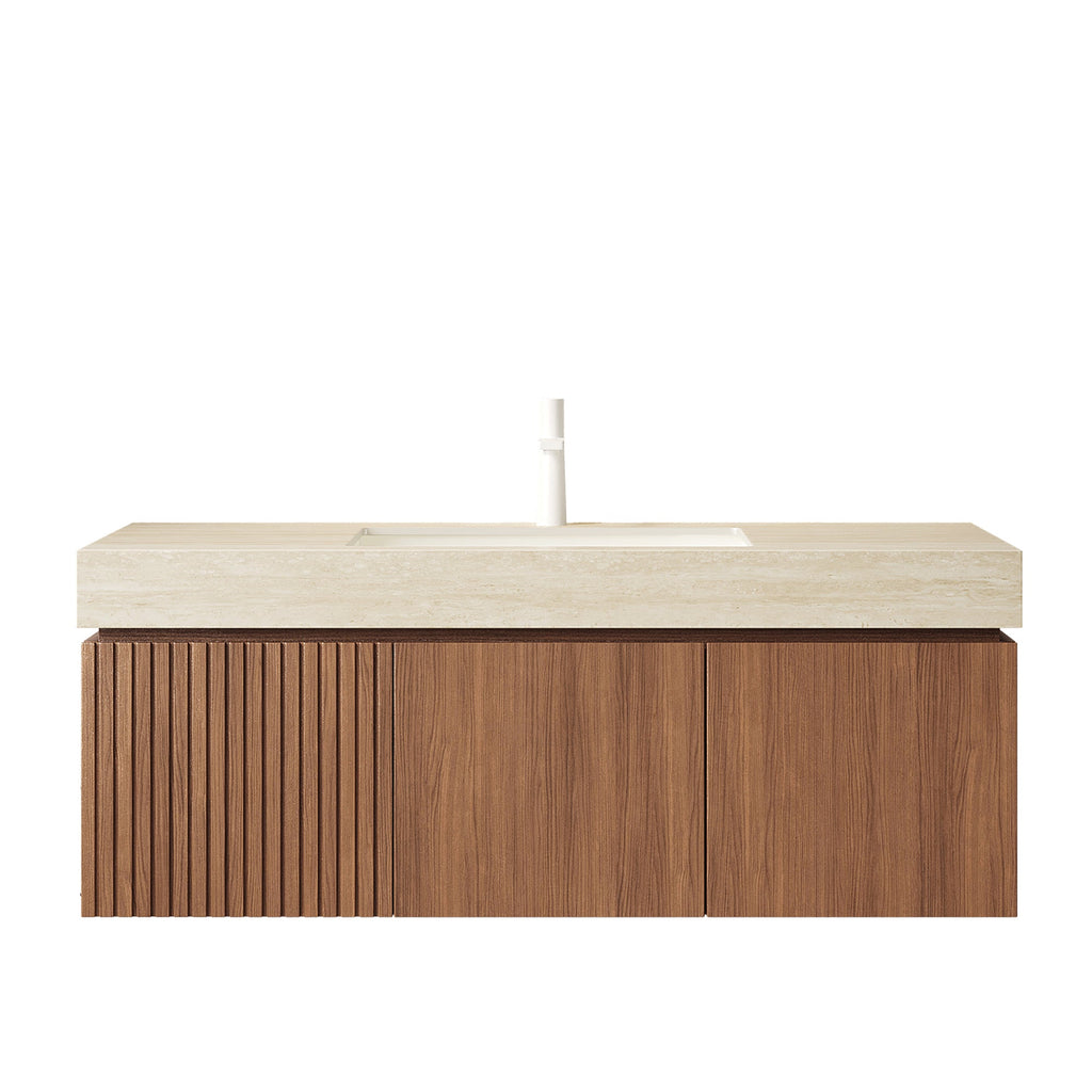 48' Floating Bathroom Vanity with Travertine Sintered Stone Top and Ceramic Basin