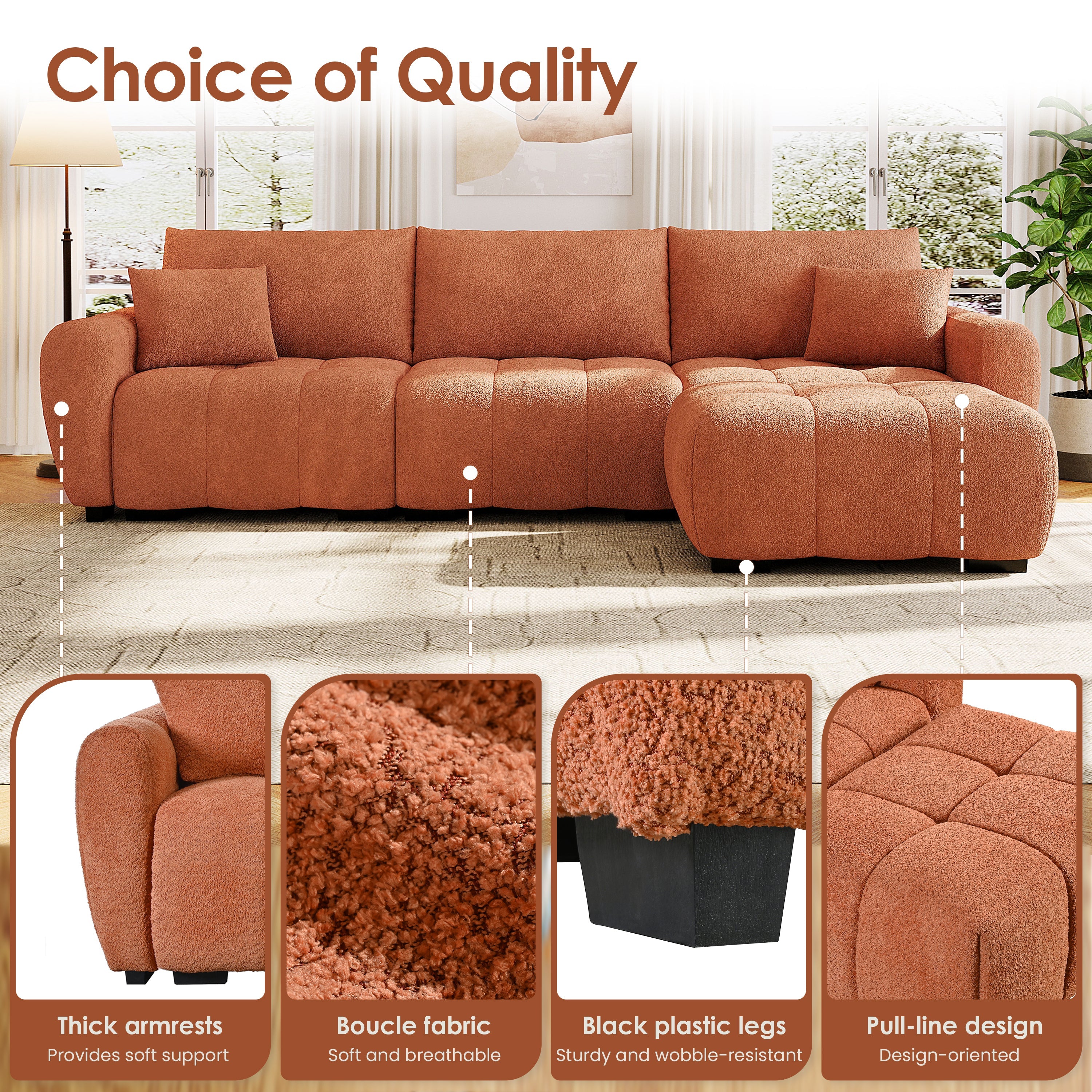 Sectional Sofa L-Shape Boucle Orange 4 Seat Ottoman 110 In