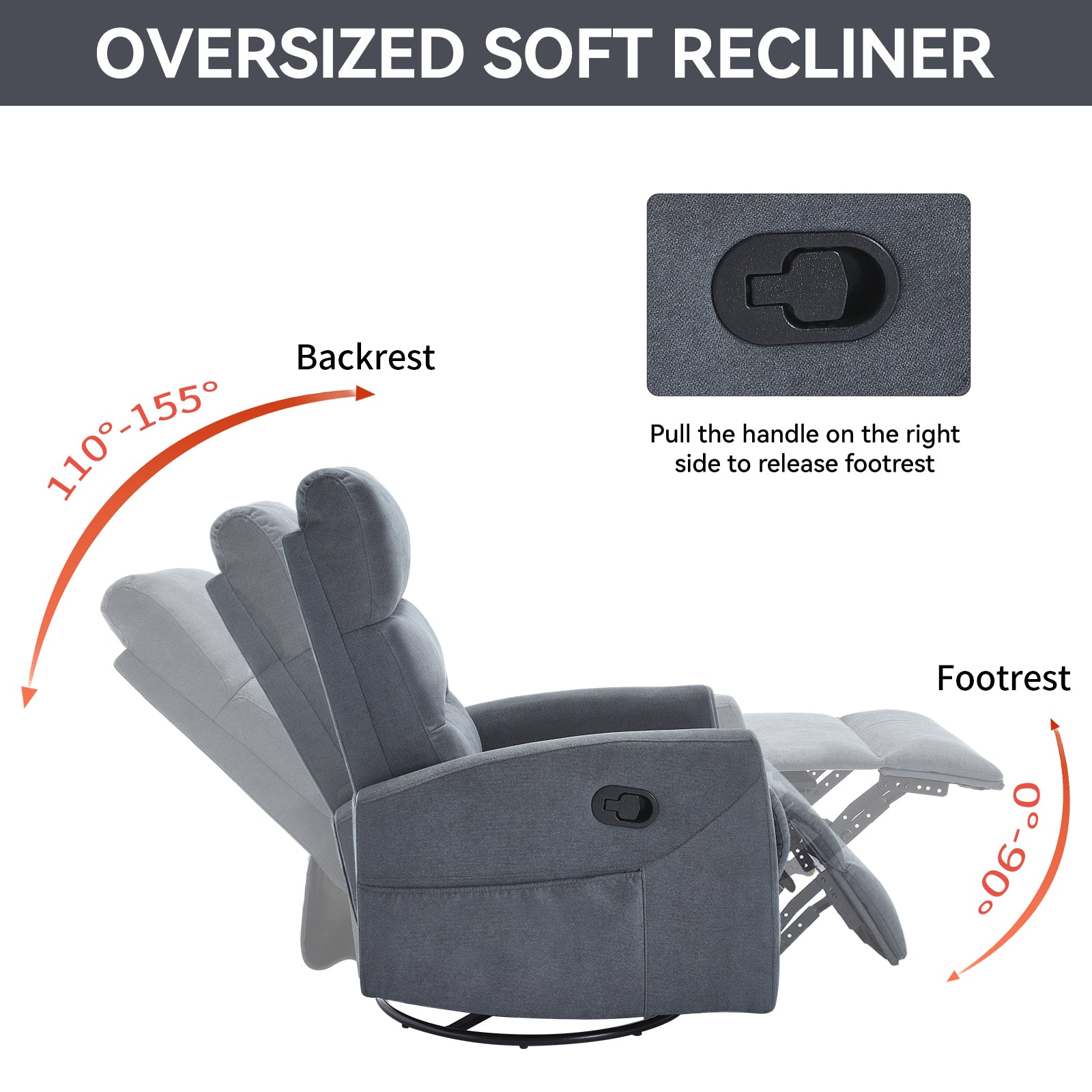 Manual Recliner Chair with Rocker and Swivel in Fabric for Living Room, Grey