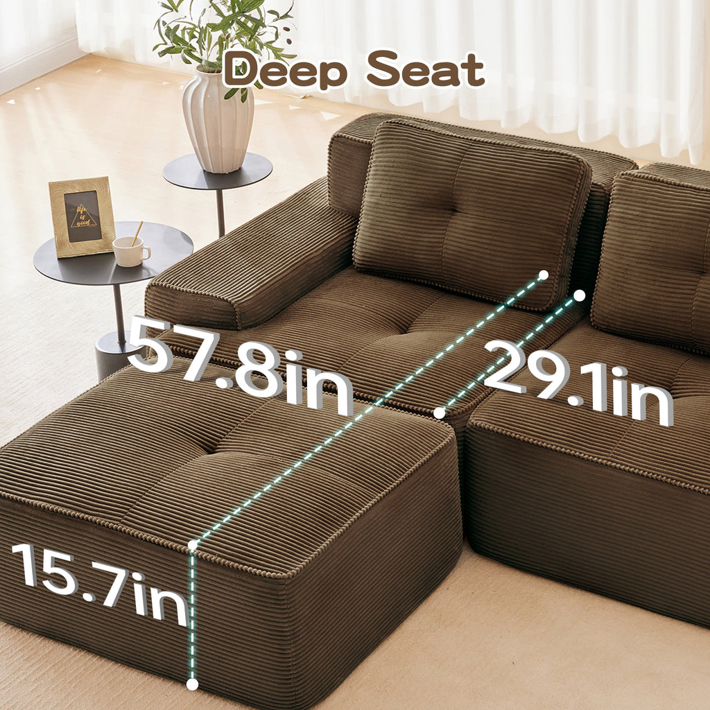 Sectional loveseat L-Shape Corduroy Brown 2 Seat Modular with Ottoman 82 In