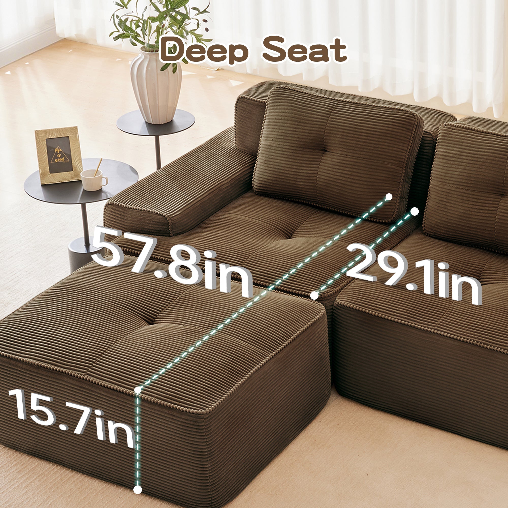 Sectional loveseat L-Shape Corduroy Brown 2 Seat Modular with Ottoman 82 In