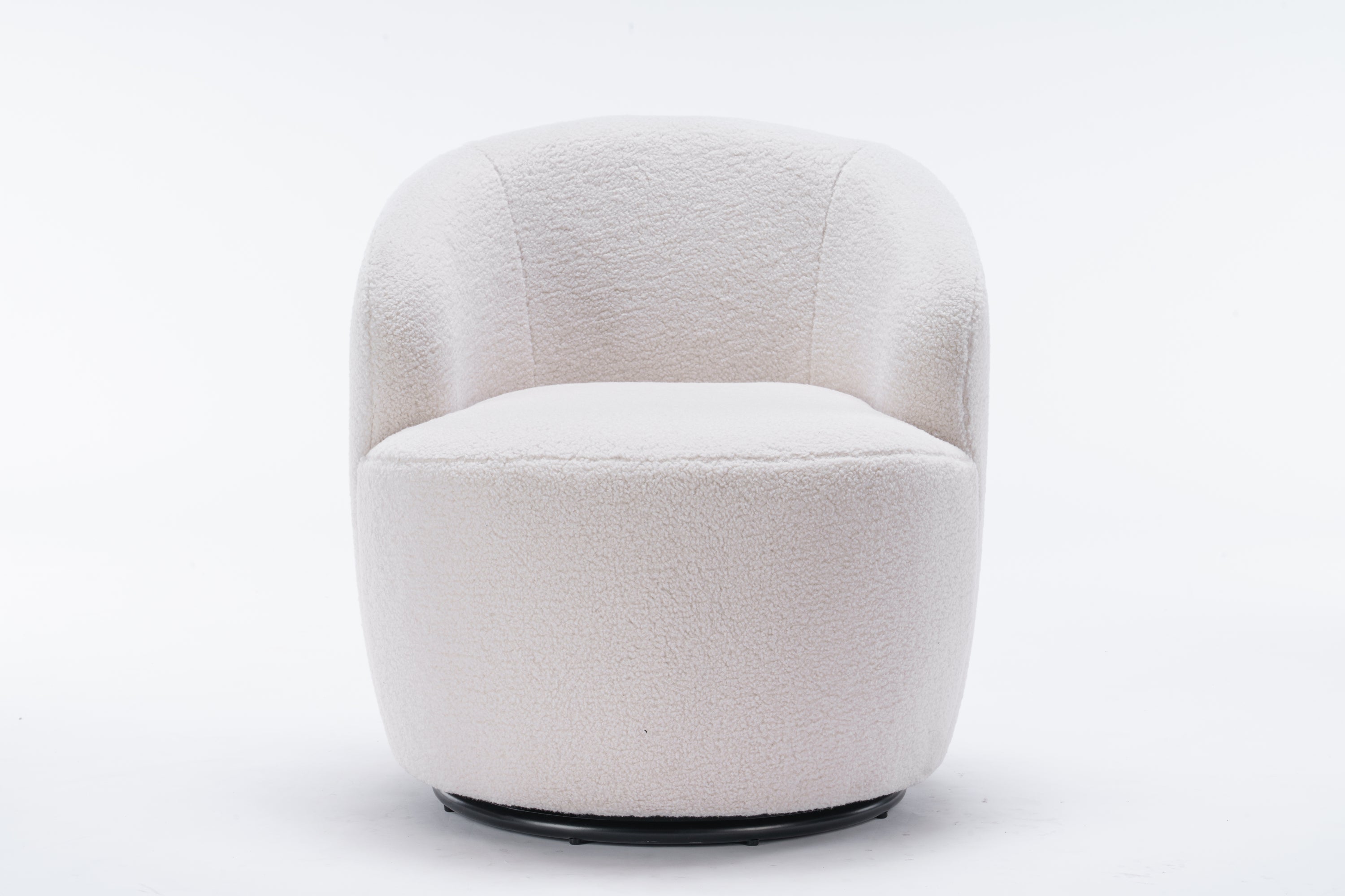 Accent Chair Swivel Barrel Teddy Fabric Ivory Black Ring Base 360 Degree 250 LB