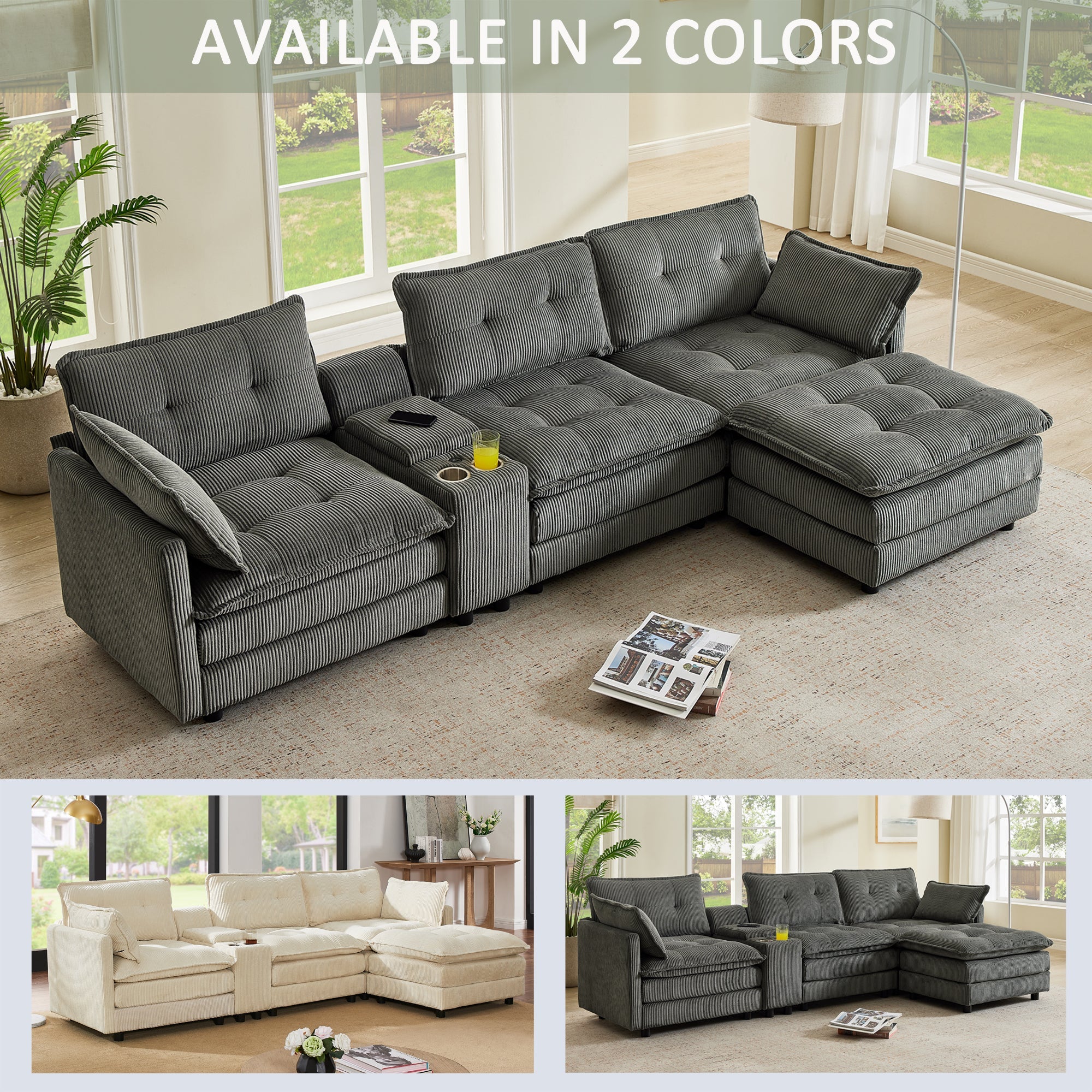 Sectional Sofa L-Shape Corduroy Gray 4 Seat USB Ports Ottoman 119 In