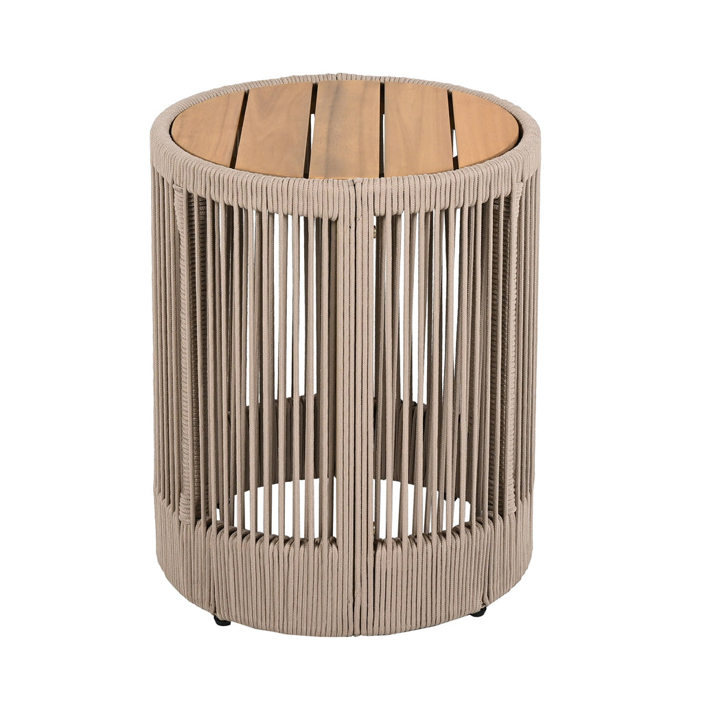 Outdoor Rattan rope & Acacia Wood Side Table - Patio Balcony Furniture for