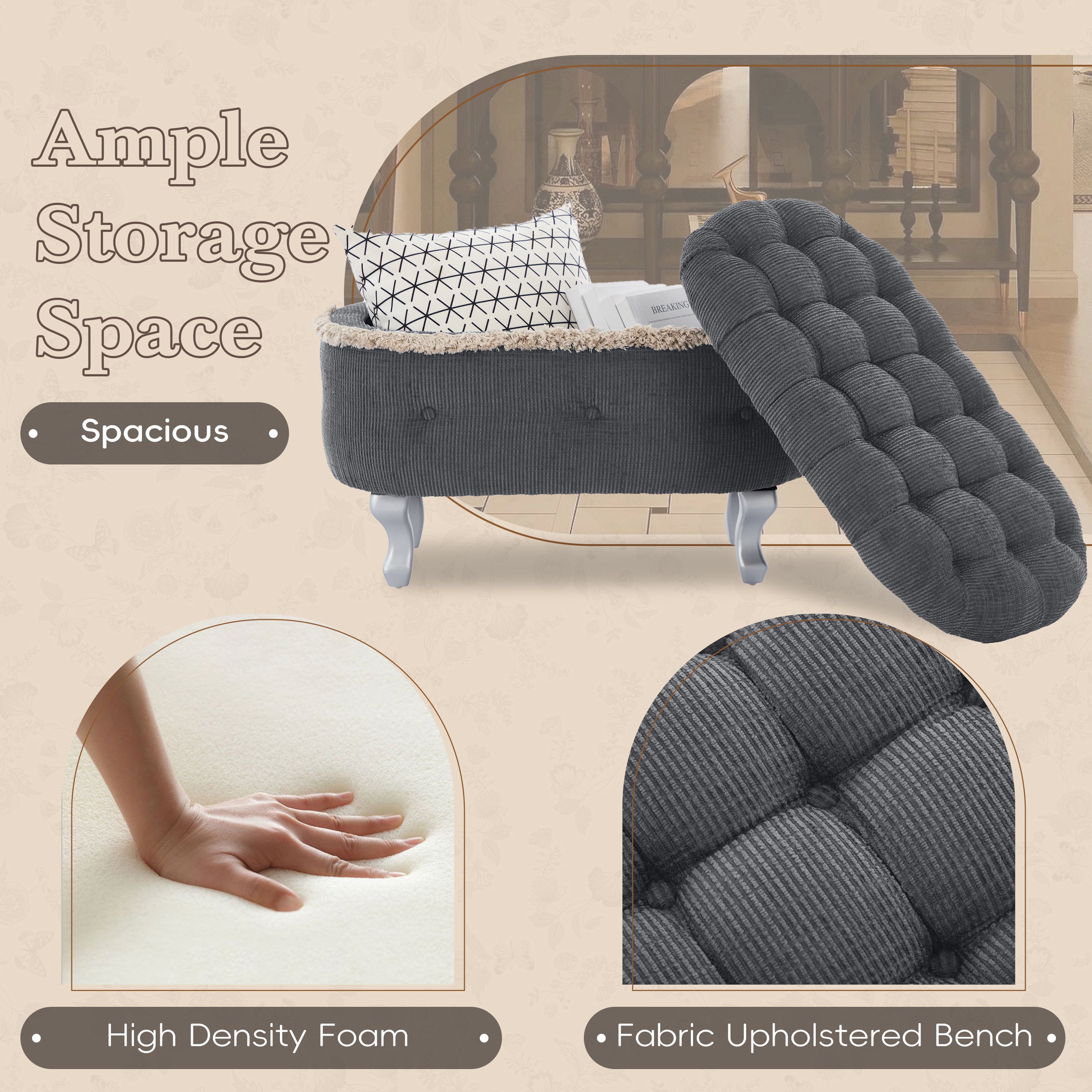 Storage Bench Tufted Gray Fabric Tassel Trim Flip Top 29.5x17.8x19 In