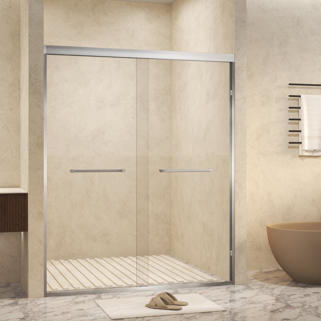 56-60in x 72in Aluminum Frame Double Sliding Shower Door, Brushed Nickel, 6mm