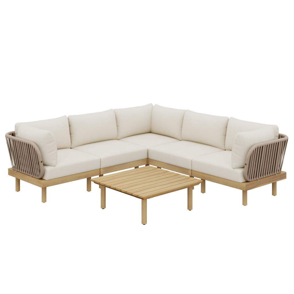 Outdoor Sectional Set Acacia Wood Rope L-Shape Beige 6 Piece