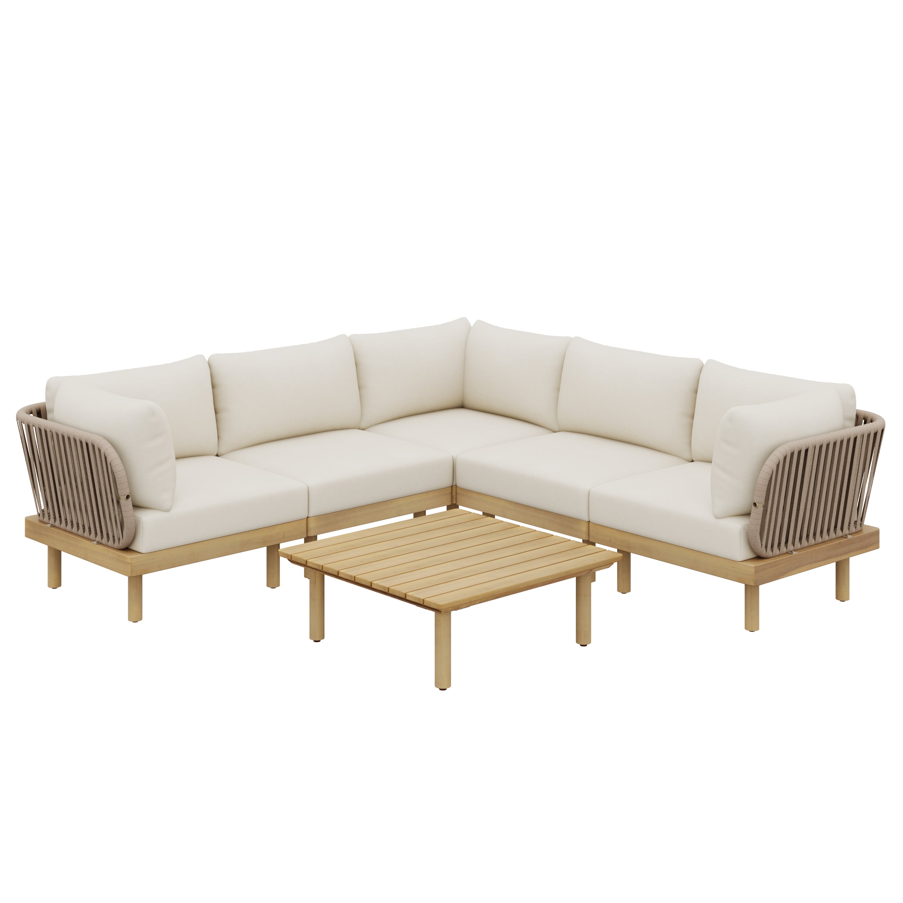 Outdoor Sectional Set Acacia Wood Rope L-Shape Beige 6 Piece
