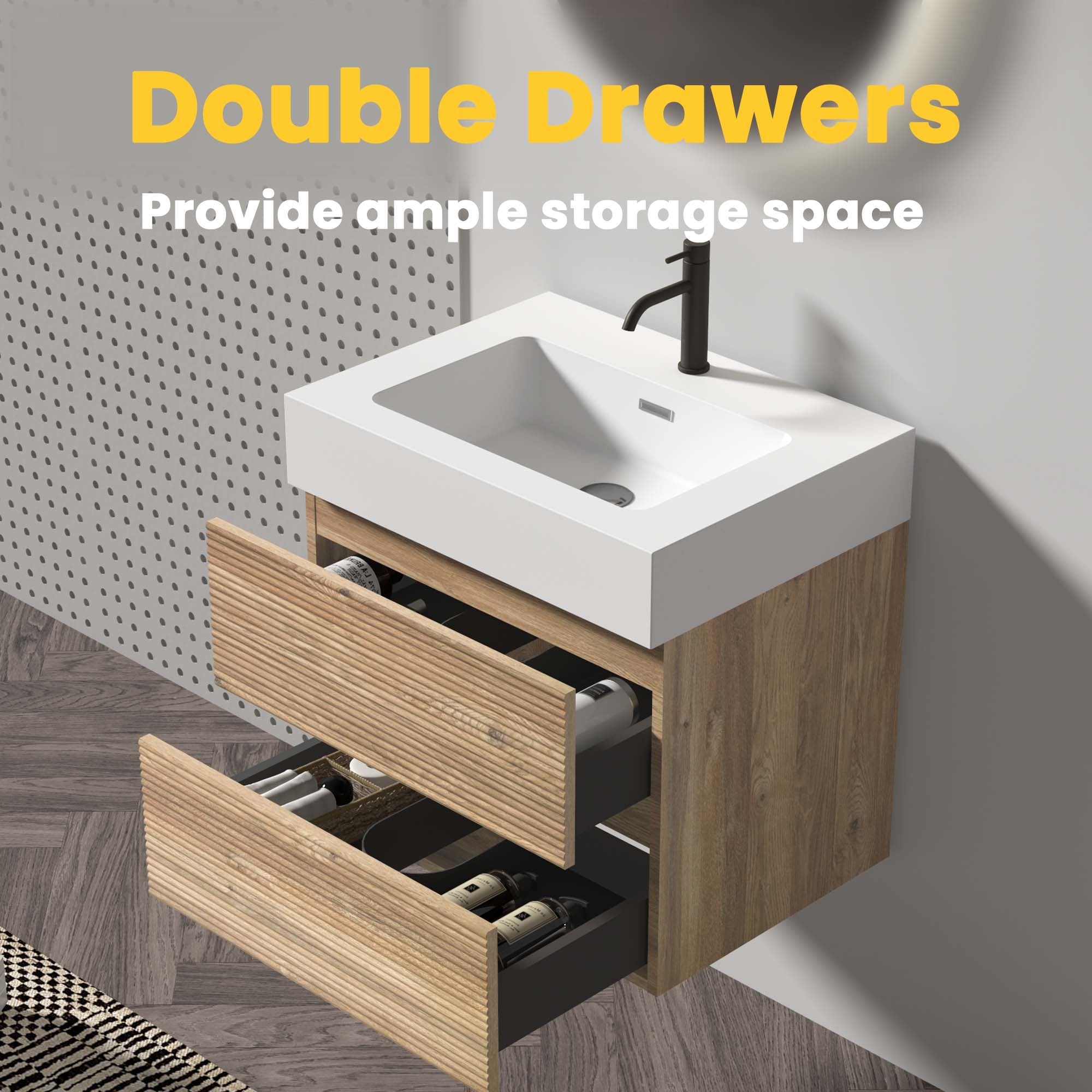 24' Rough Oak Bathroom Vanity with White Glossy Engineered Quartz Sink Soft Drawers