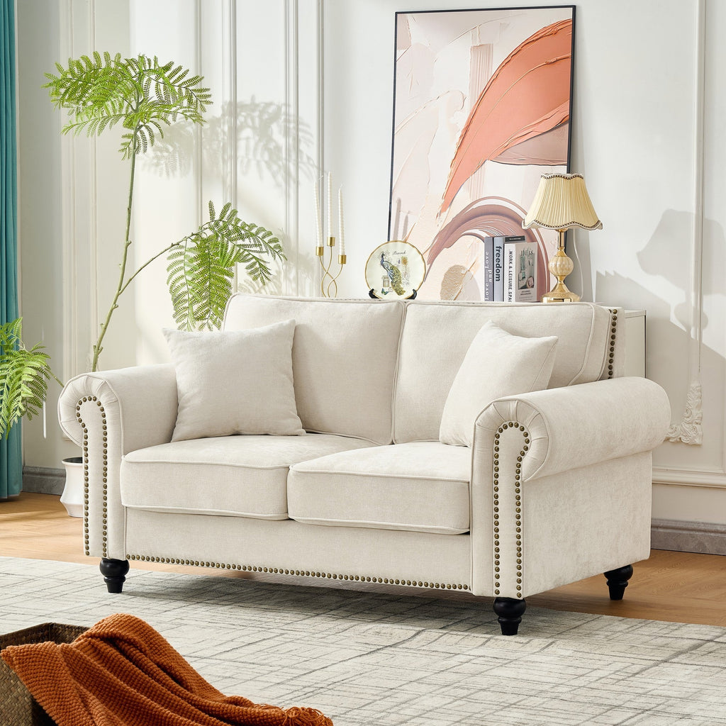 Loveseat Chenille Beige Rolled Arms Nailhead Trim 63 In 700 LB