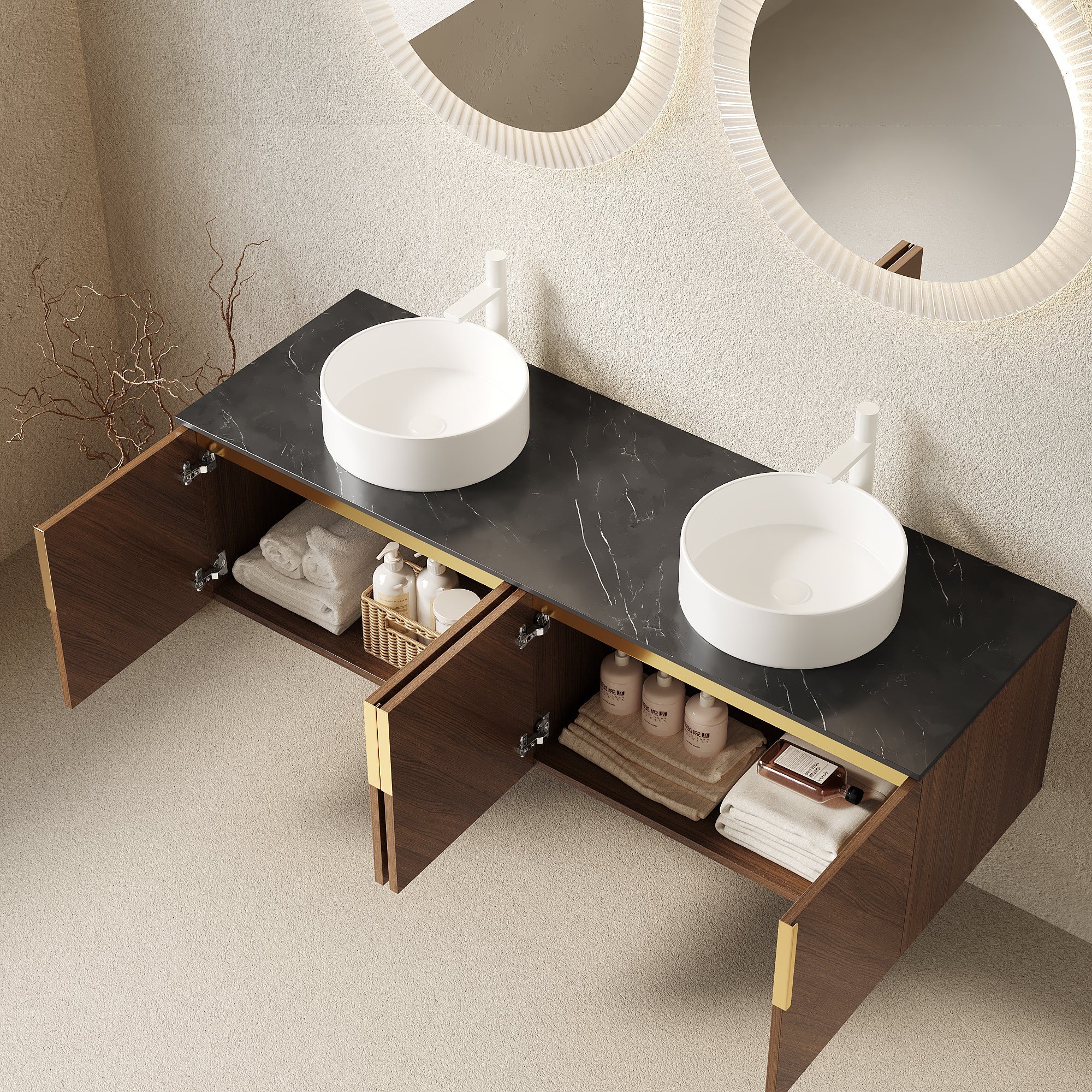 60' Bathroom Vanity with Sinks, Floating Wall-Mounted Plywood 4 Doors Black Stone Top