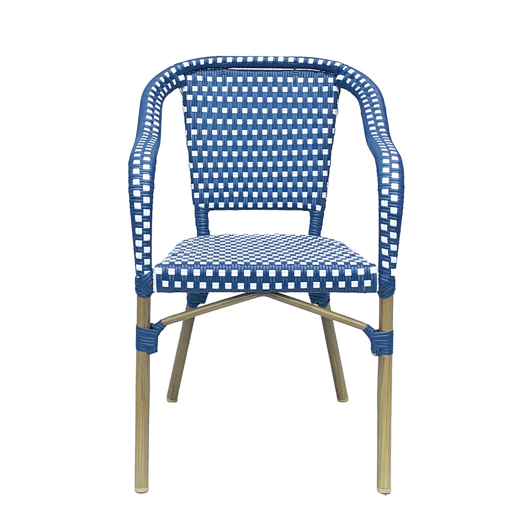 Outdoor Bistro Chair Set of 2, Rattan Wicker Aluminum Frame, White and Navy