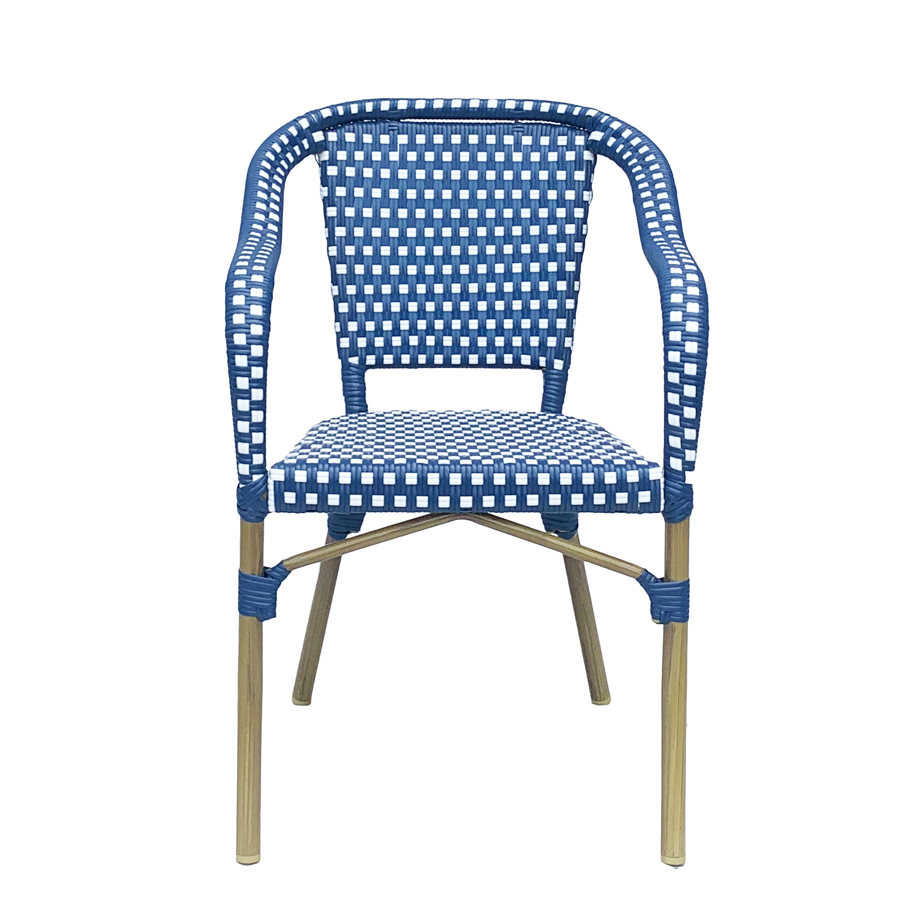 Outdoor Bistro Chair Set of 2, Rattan Wicker Aluminum Frame, White and Navy