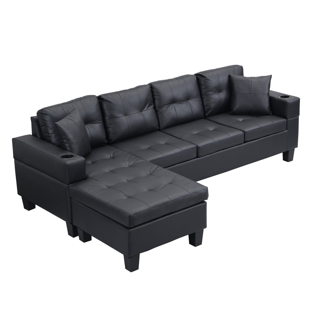 Sectional Sofa L-Shape Chaise PU Leather Black 4-Seat Cup Holders 96x57 In