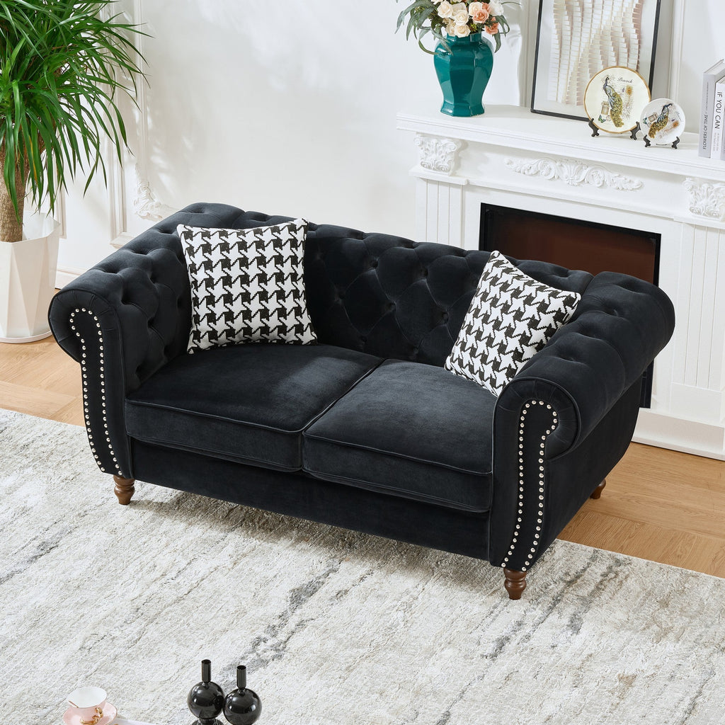 Loveseat Mid-Century Chesterfield Velvet Black 2 Seat Rolled Arms 67 In 450 LB