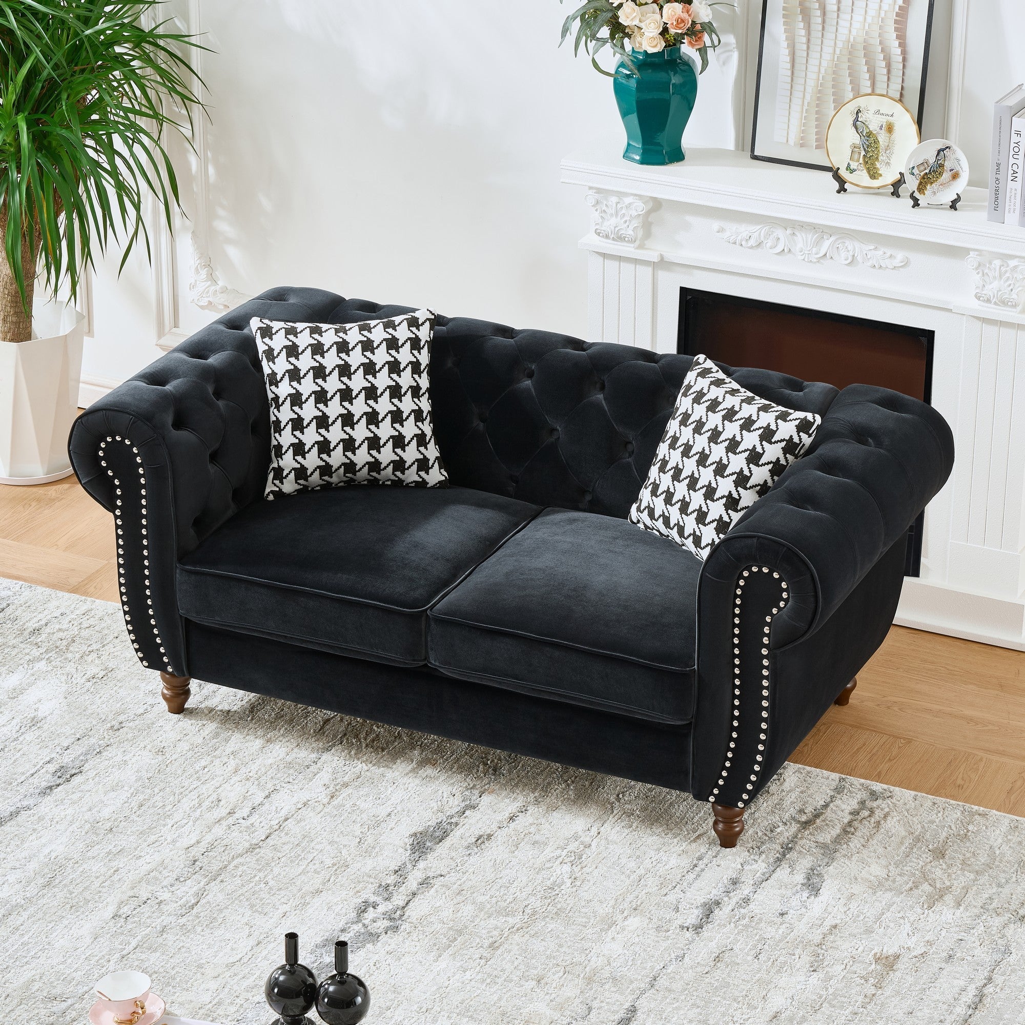 Loveseat Mid-Century Chesterfield Velvet Black 2 Seat Rolled Arms 67 In 450 LB